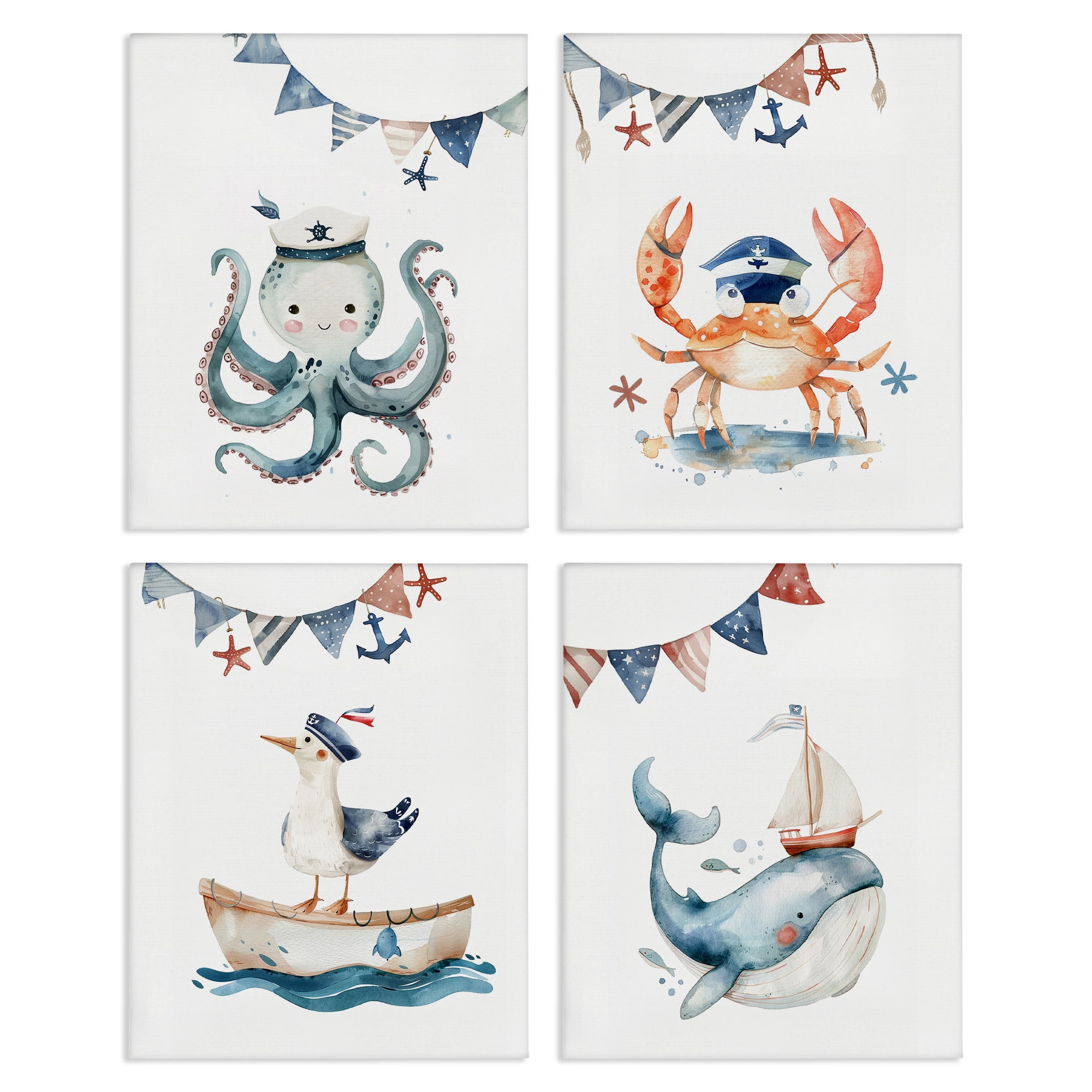 Stupell Industries Maritime Sailor Animals Nautical & Beach Painting Wrapped Canvas Art Print Wall Art, 16 x 20, Set of 4