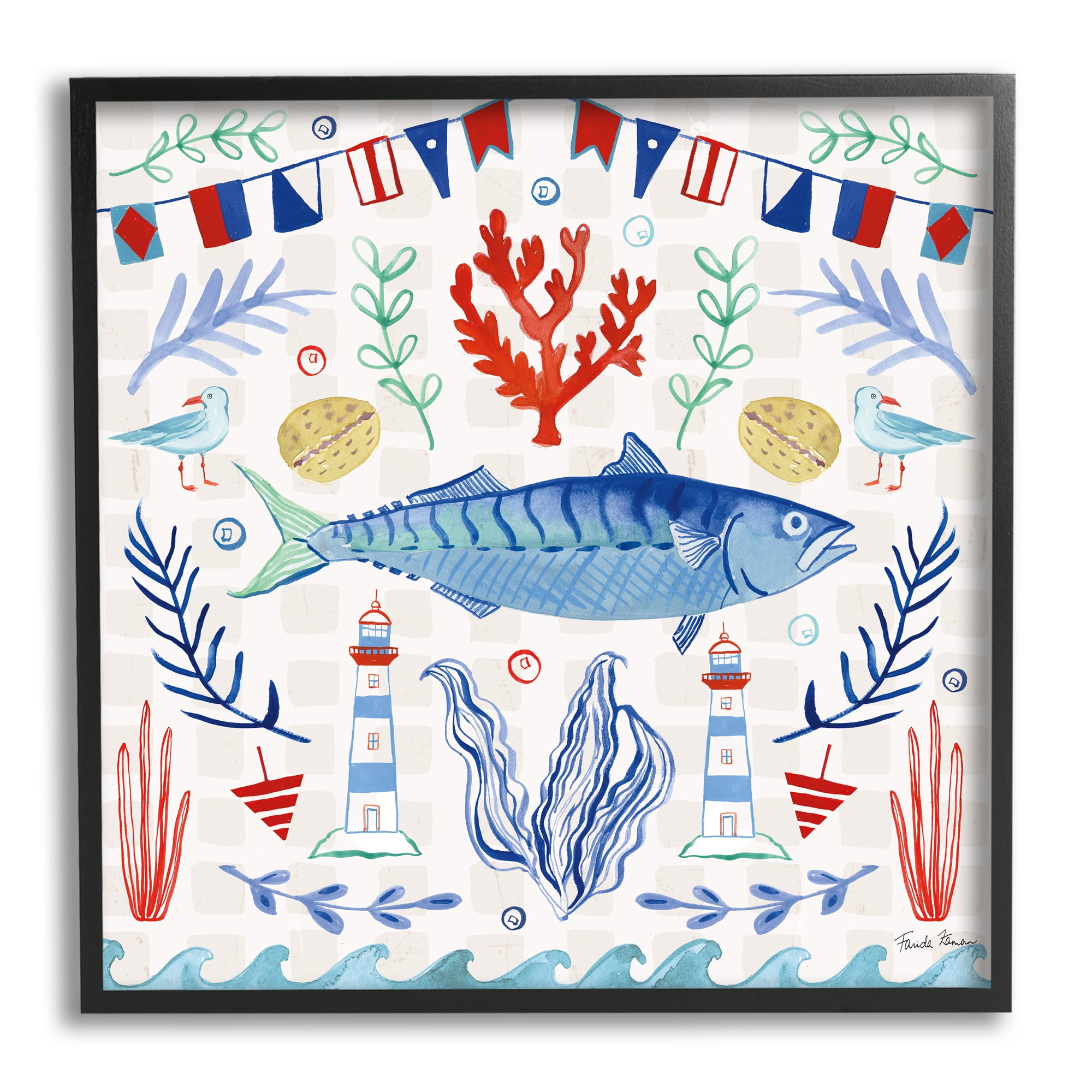 Stupell Industries Maritime Sea Life Pattern Animals & Insects Painting Black Framed Art Print Wall Art, 12 x 12