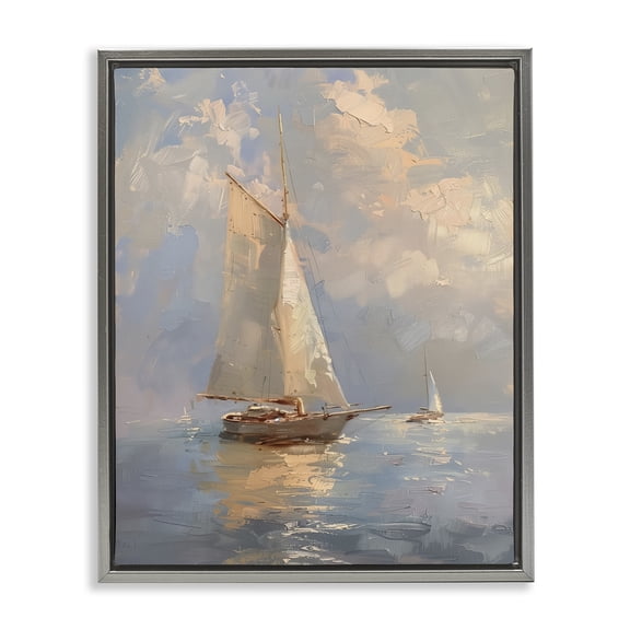 Stupell Industries Maritime Ship on Cloudy Sea Transportation Painting Gray Floater Framed Canvas Art Print Wall Art, 17 x 21