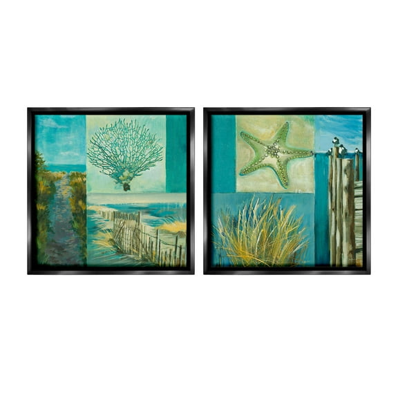 Stupell Industries Maritime Summer Collage Landscape Painting Black Floater Framed Canvas Art Print Wall Art, 18 x 18, Set of 2