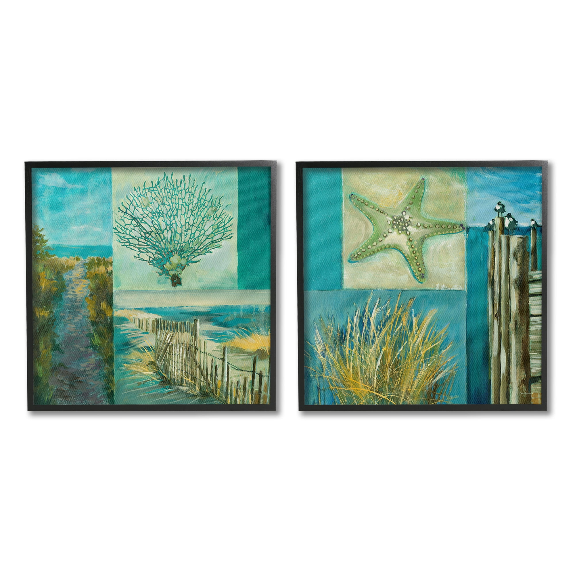 Stupell Industries Maritime Summer Collage Landscape Painting Black Framed Art Print Wall Art, 12 x 12, Set of 2