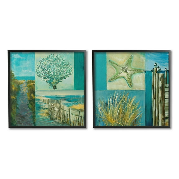 Stupell Industries Maritime Summer Collage Landscape Painting Black Framed Art Print Wall Art, 12 x 12, Set of 2