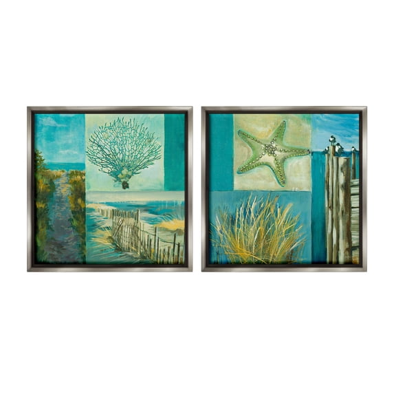 Stupell Industries Maritime Summer Collage Landscape Painting Gray Floater Framed Canvas Art Print Wall Art, 18 x 18, Set of 2