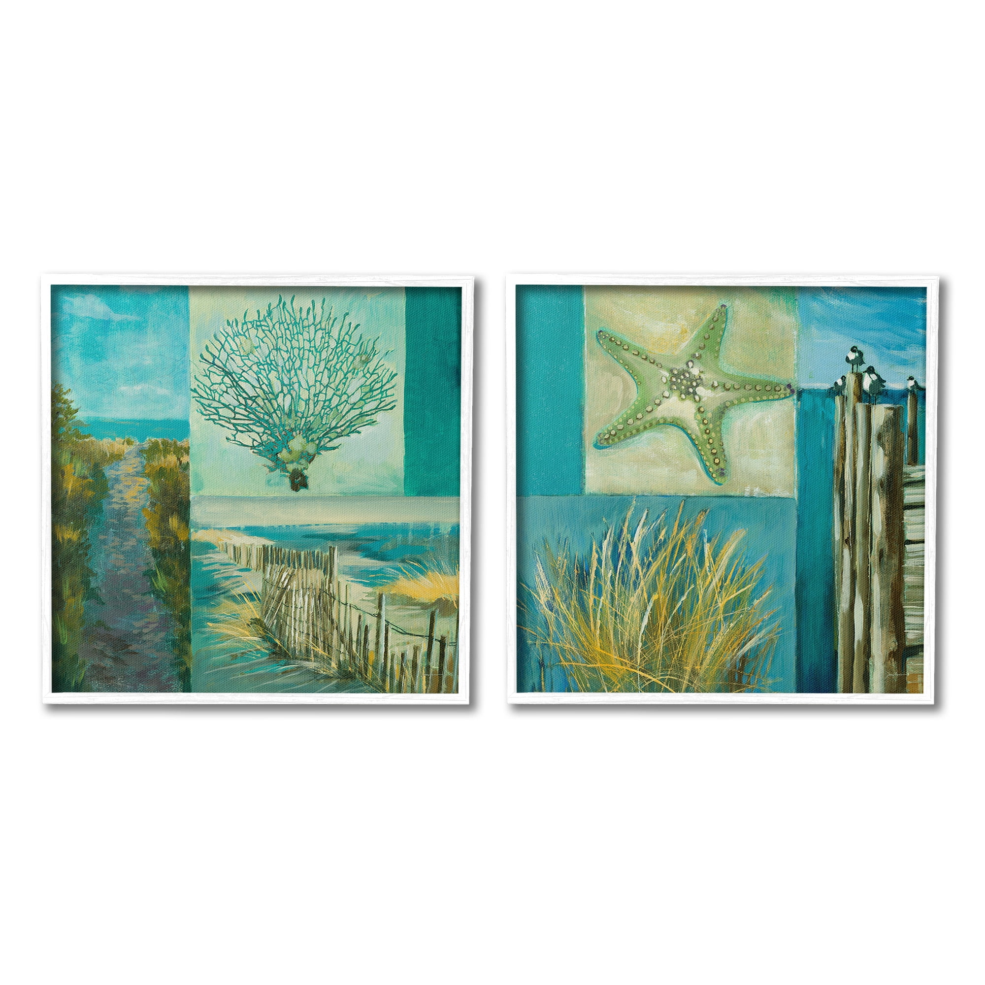 Stupell Industries Maritime Summer Collage Landscape Painting White Framed Art Print Wall Art, 12 x 12, Set of 2