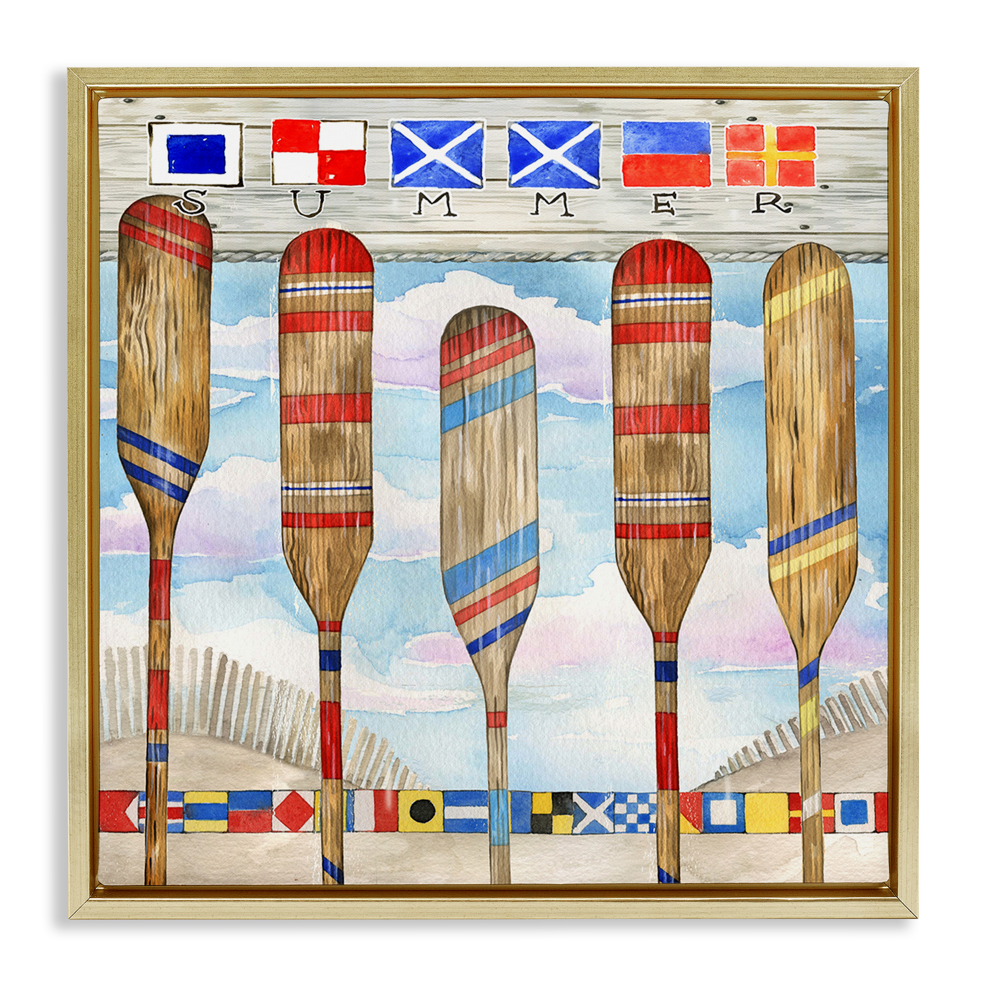 Stupell Industries Maritime Summer Paddles Nautical & Beach Painting Gold Floater Framed Canvas Art Print Wall Art, 25 x 25