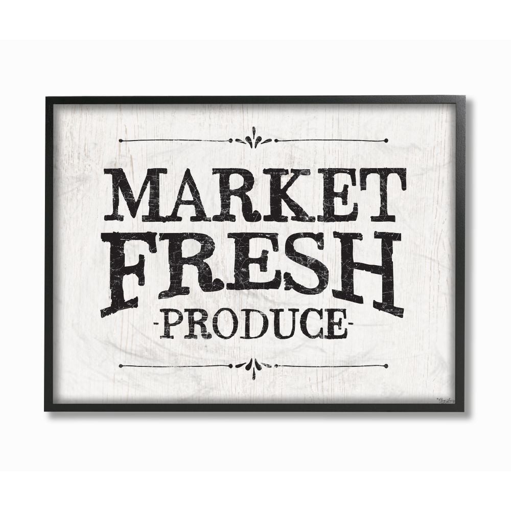 Stupell Industries Market Fresh Produce Wood Texture Farm Word Design Graphic Art Black Framed Art Print Wall Art, 16x20, by Gigi Louise