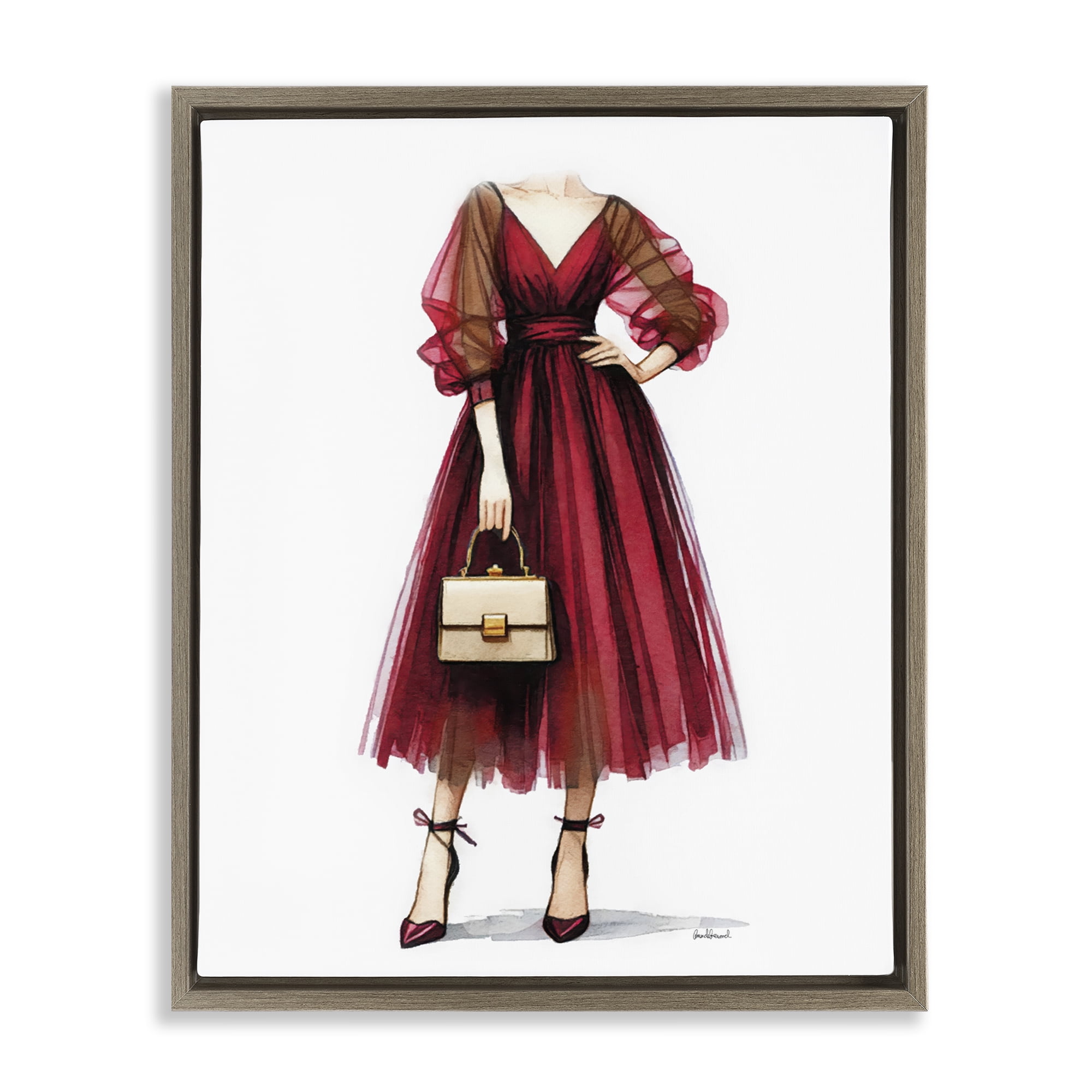 Stupell Industries Maroon Fashion Gown Fashion Painting Brown Floater Framed Canvas Art Print Wall Art, 17 x 21