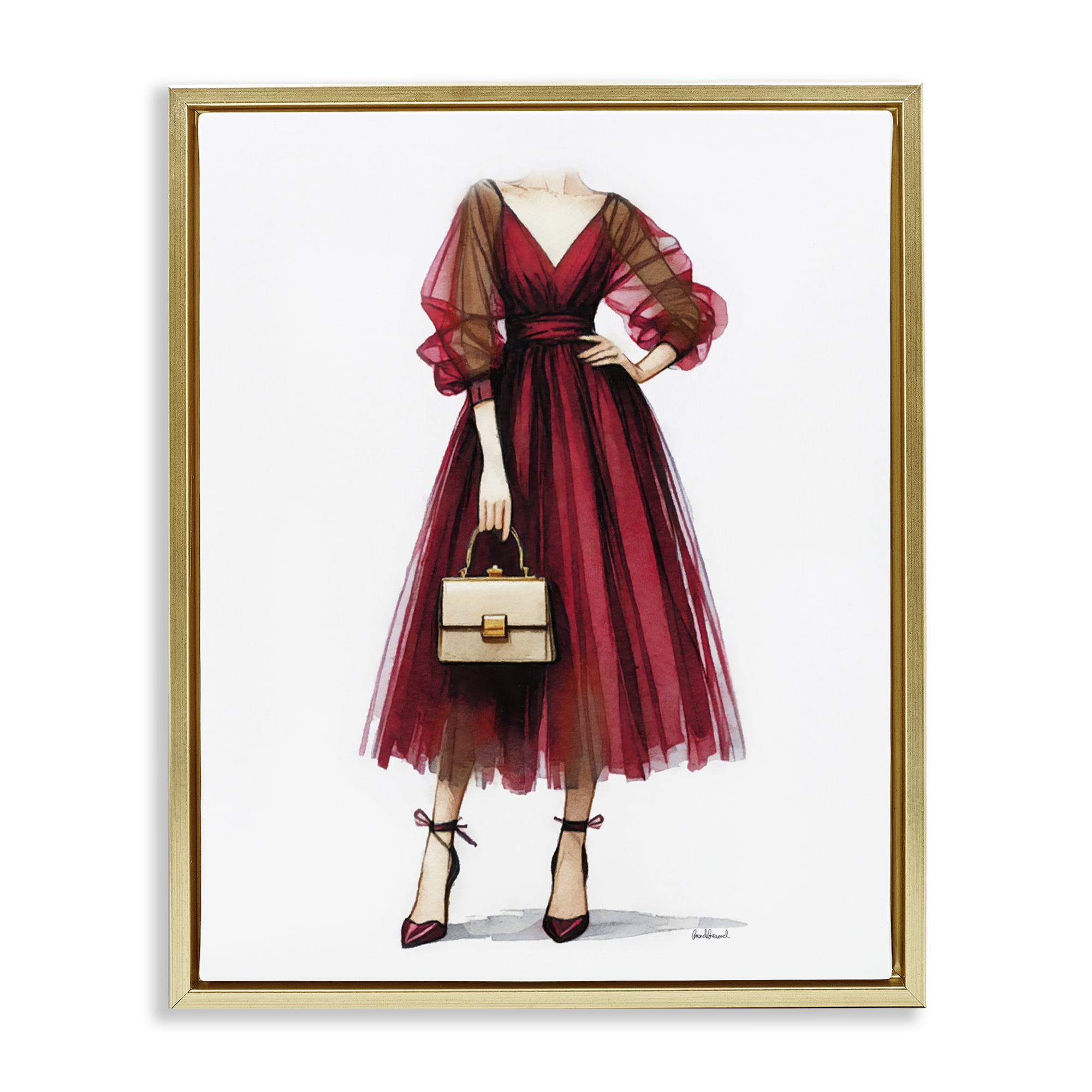Stupell Industries Maroon Fashion Gown Fashion Painting Gold Floater Framed Canvas Art Print Wall Art, 25 x 31
