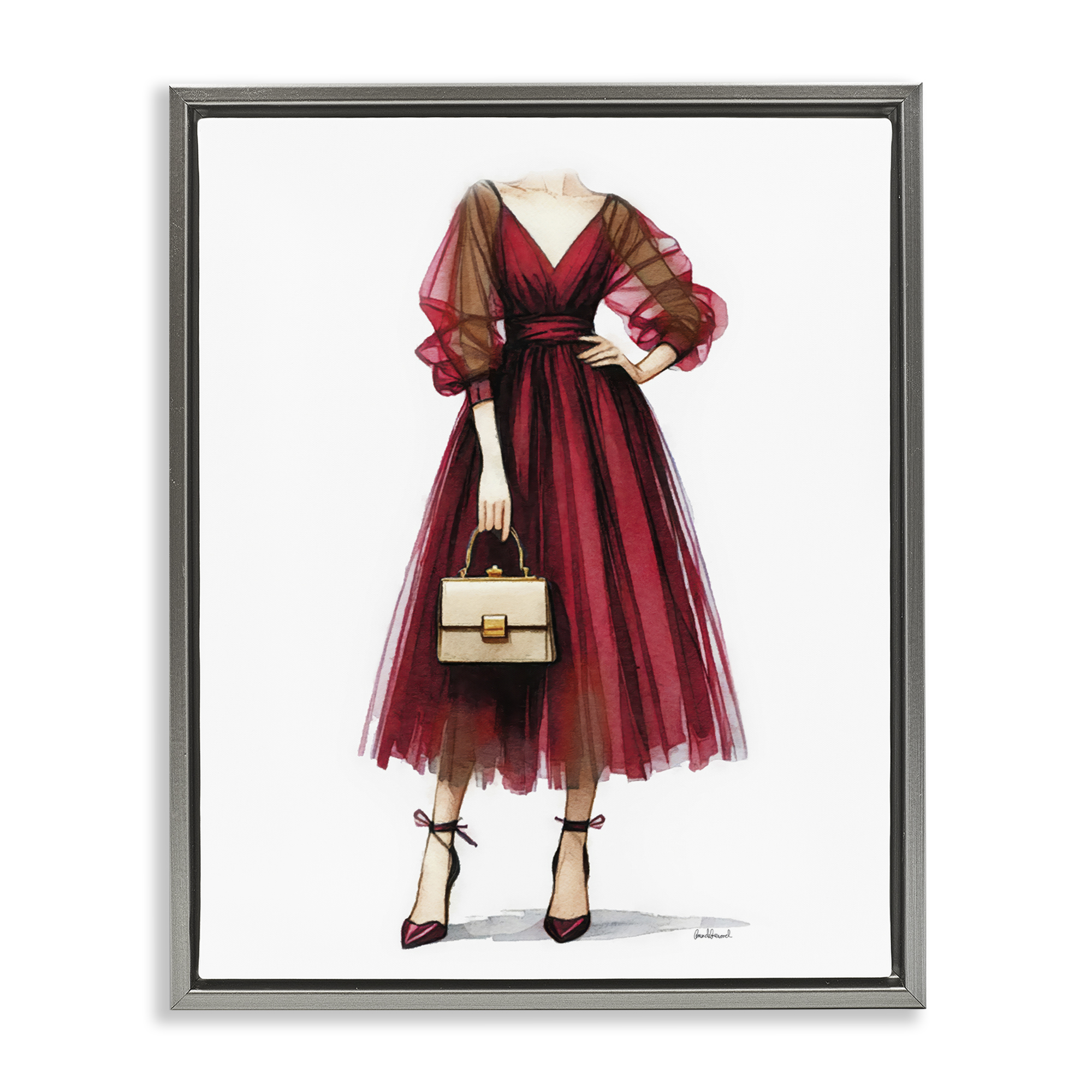 Stupell Industries Maroon Fashion Gown Fashion Painting Gray Floater Framed Canvas Art Print Wall Art, 17 x 21