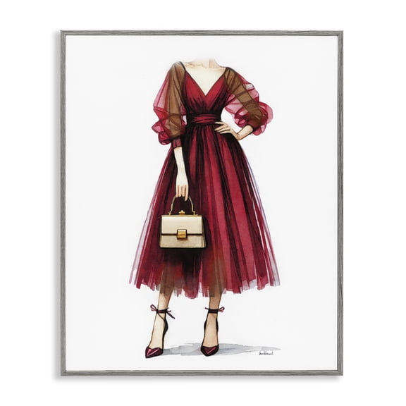 Stupell Industries Maroon Fashion Gown Fashion Painting Gray Framed Art Print Wall Art, 24 x 30
