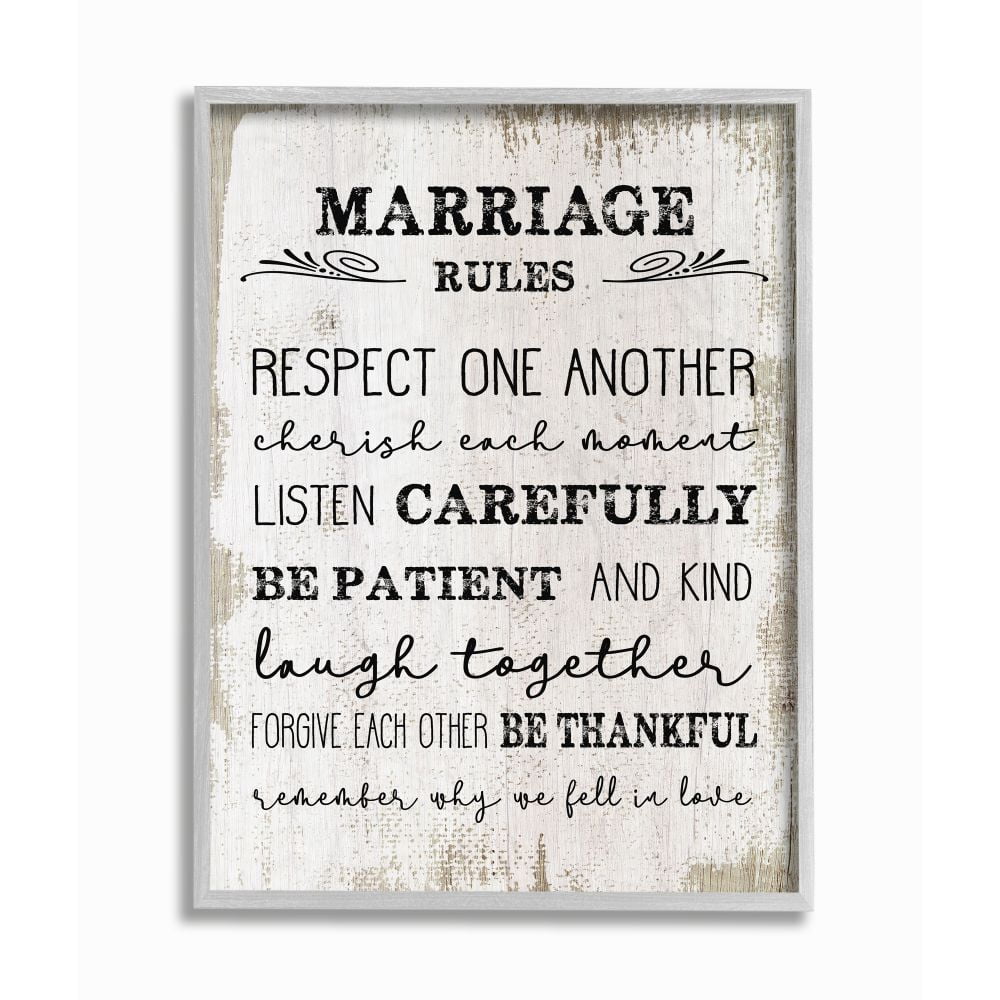 Stupell Industries Marriage Rules Home Family Inspirational Word Textured Design Gray Farmhouse Rustic Framed Giclee Texturized Art by Daphne Polselli