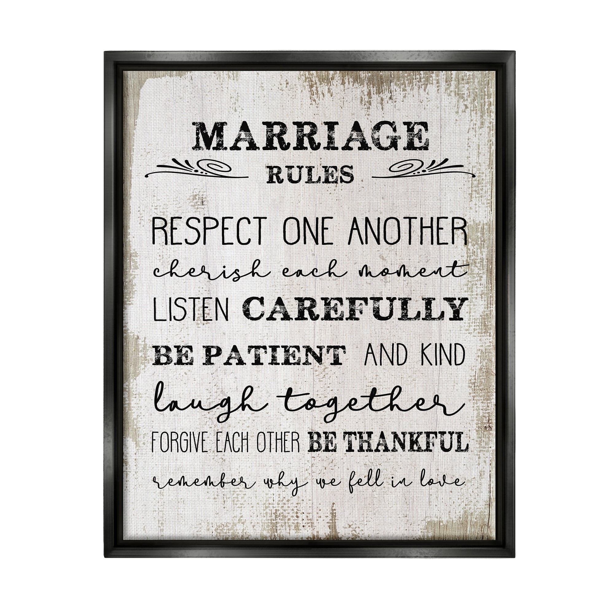 Stupell Industries Marriage Rules Home Family Inspirational Word Textured Design Jet Black Framed Floating Canvas Wall Art, 24x30, by Daphne Polselli