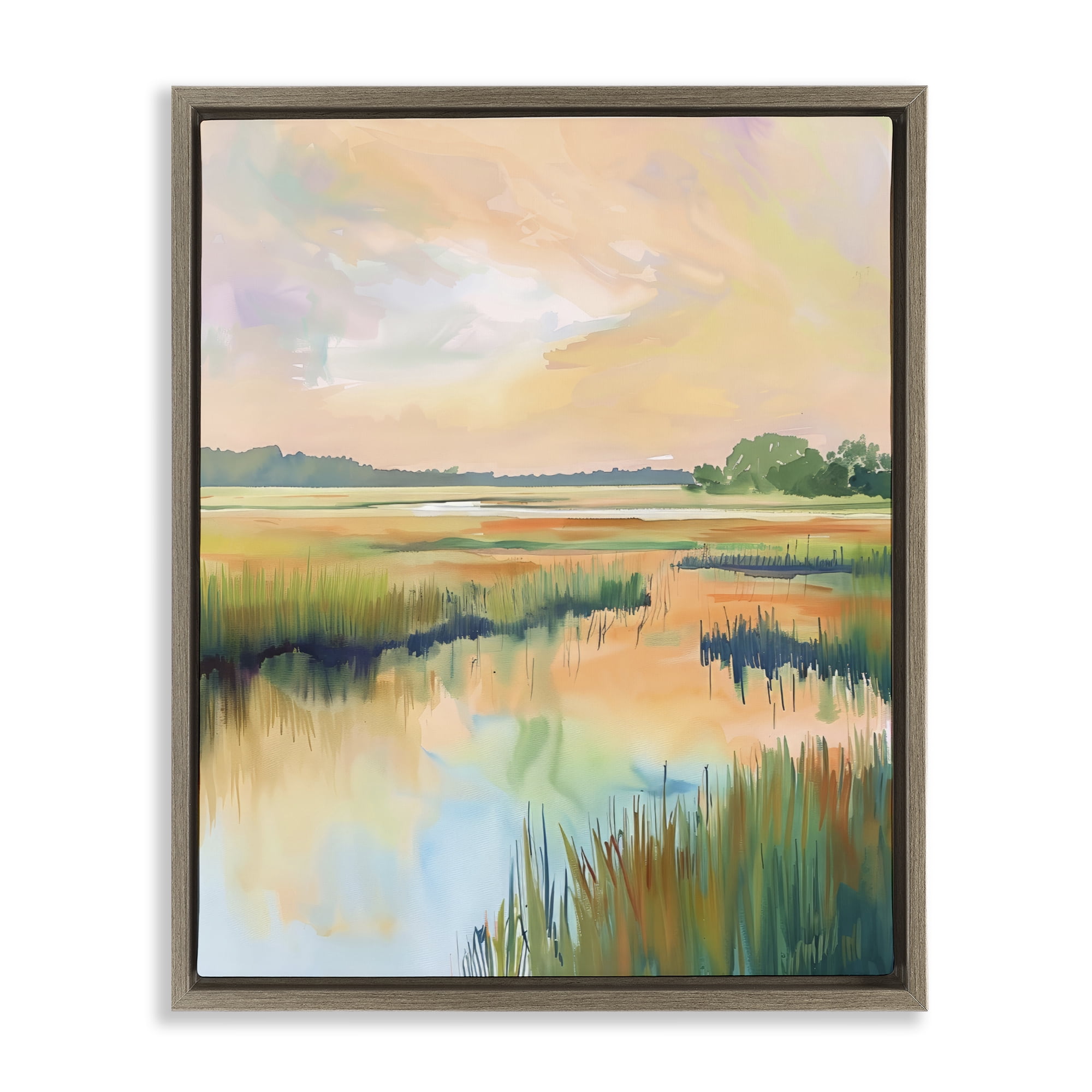 Stupell Industries Marsh Sunset over Tranquil Stream Brown Framed Floater Canvas Wall Art, design by LSR Design Studio