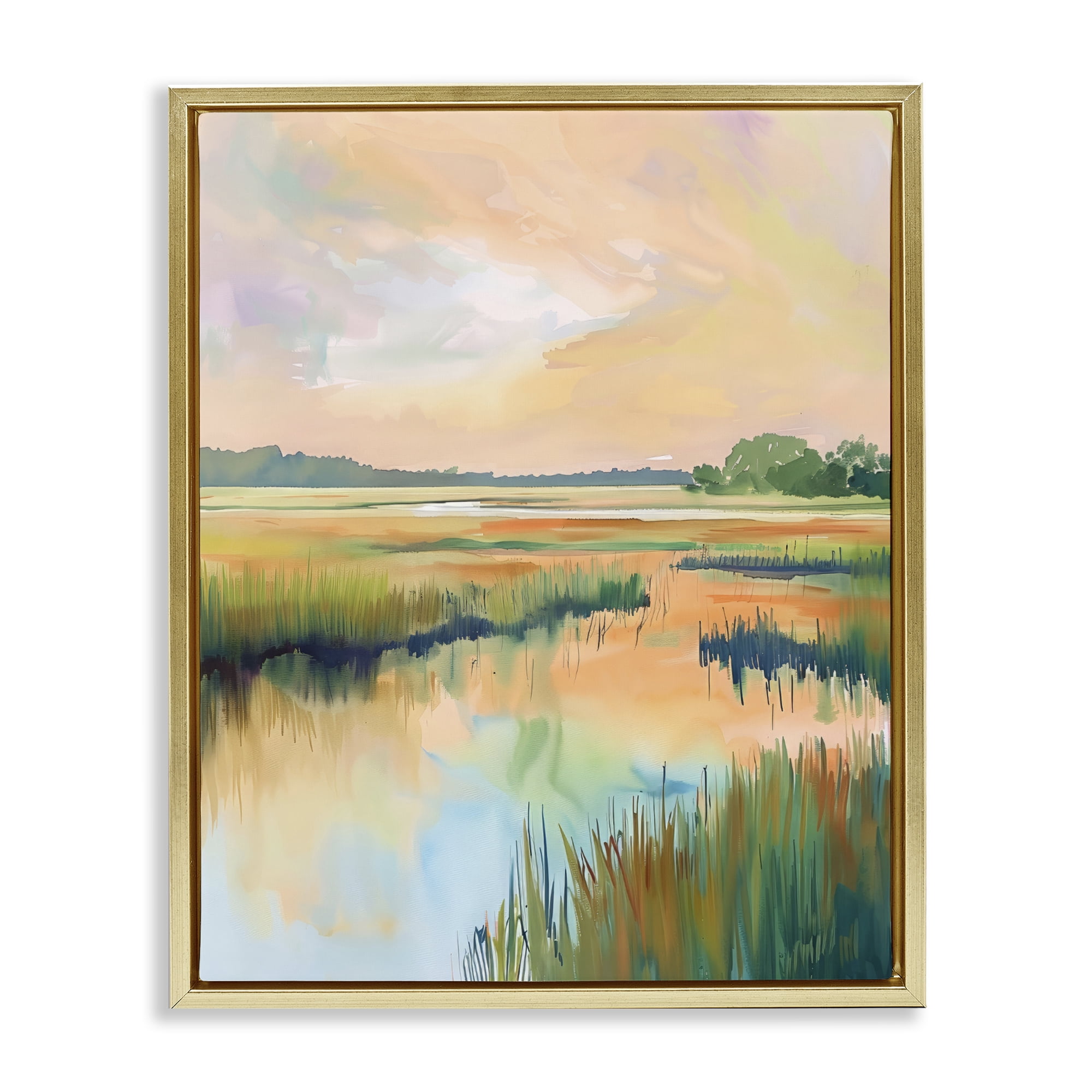 Stupell Industries Marsh Sunset over Tranquil Stream Gold Framed Floater Canvas Wall Art, design by LSR Design Studio