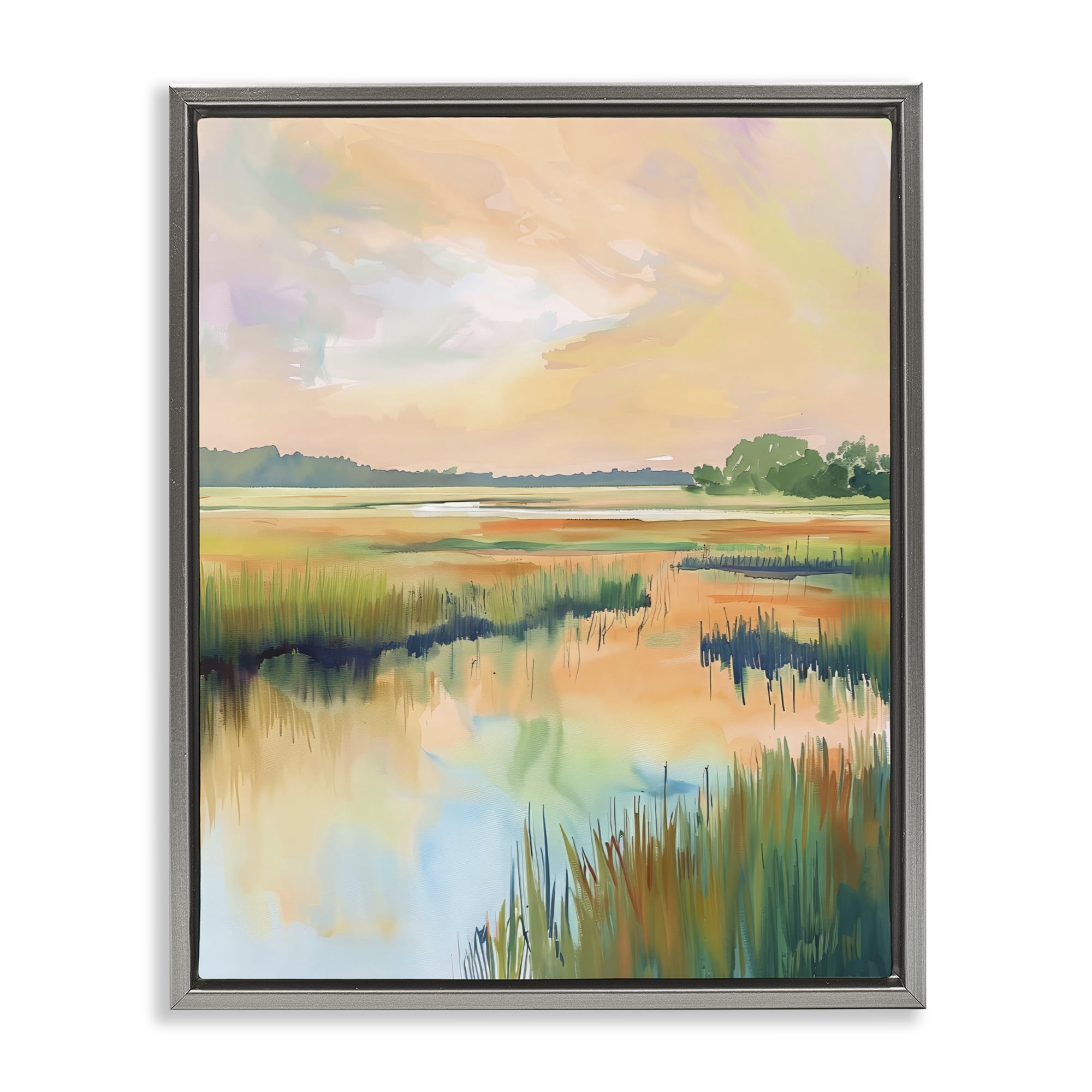 Stupell Industries Marsh Sunset over Tranquil Stream Gray Framed Floater Canvas Wall Art, design by LSR Design Studio