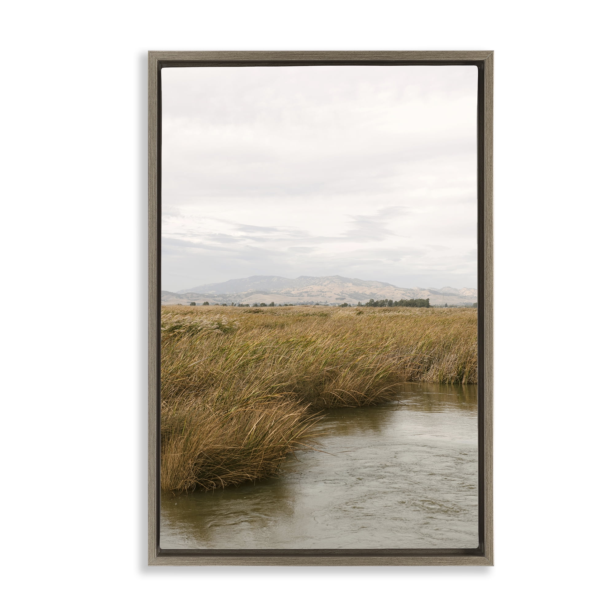Stupell Industries Marshland with Distant Mountain Landscape & Nature Photography Brown Floater Framed Canvas Art Print Wall Art, 21 x 31