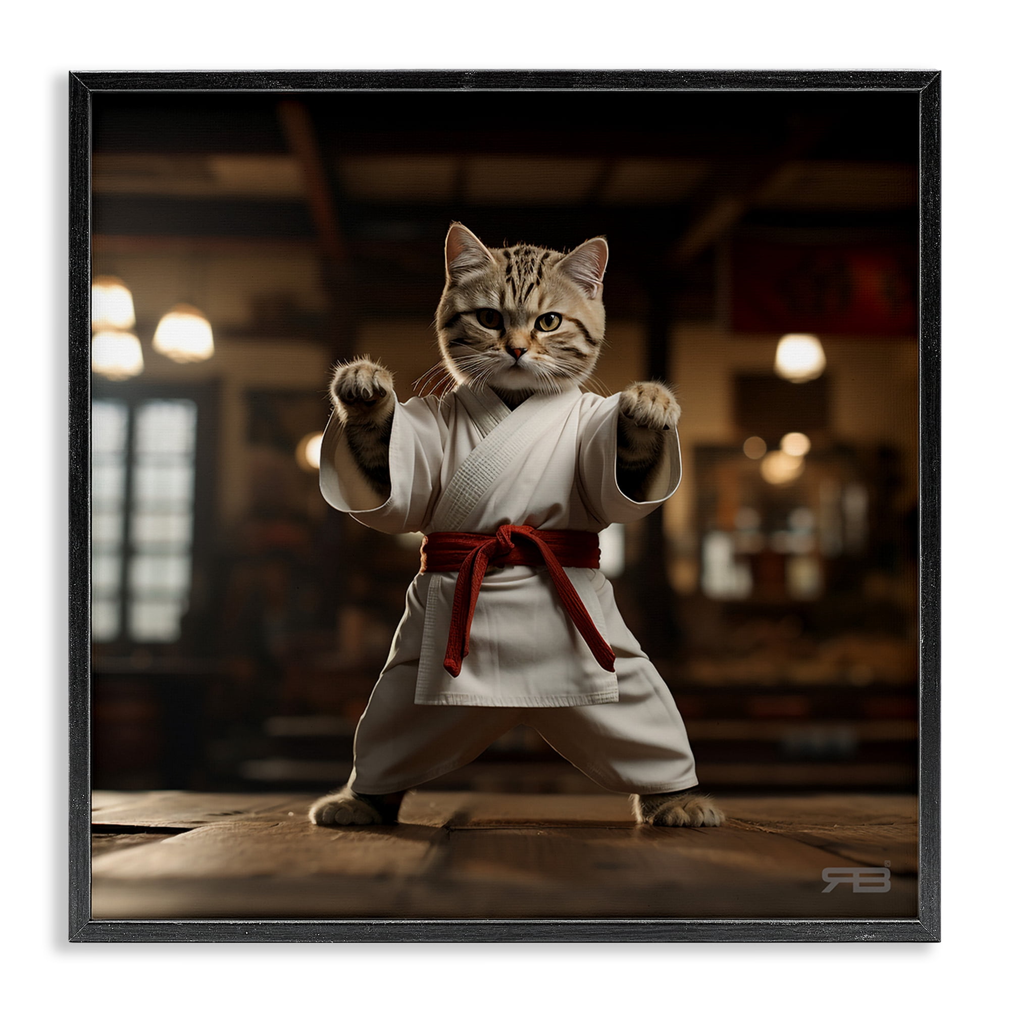 Stupell Industries Martial Arts Cat Novelty Painting Black Framed Art Print Wall Art, 17 x 17