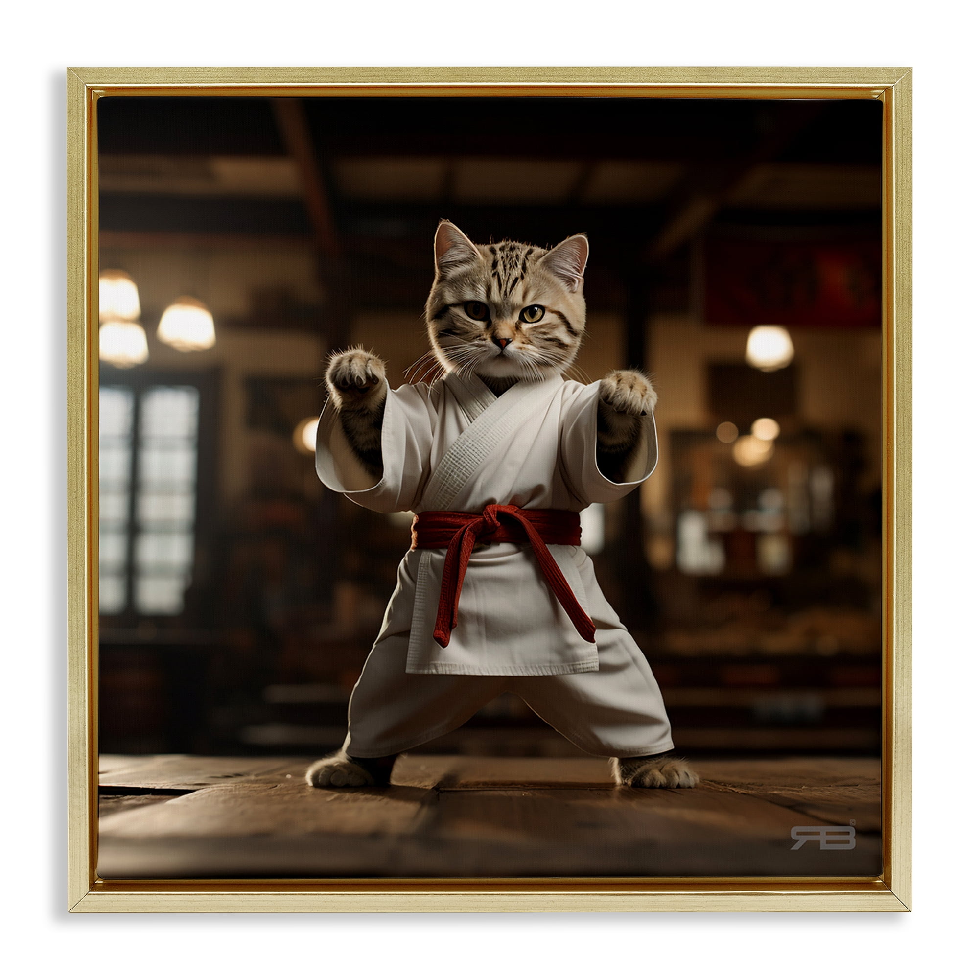 Stupell Industries Martial Arts Cat Novelty Painting Gold Floater Framed Canvas Art Print Wall Art, 18 x 18