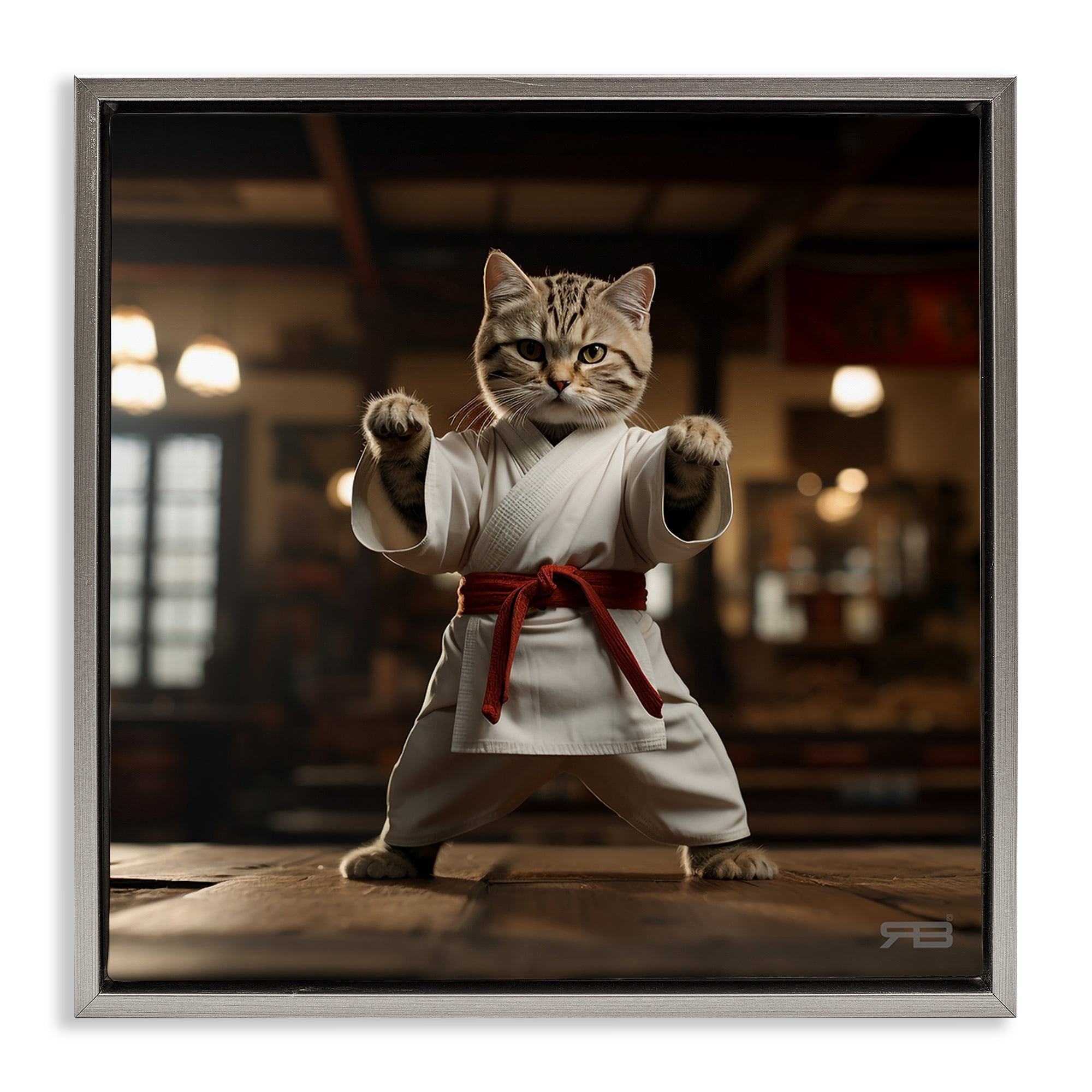 Stupell Industries Martial Arts Cat Novelty Painting Gray Floater Framed Canvas Art Print Wall Art, 18 x 18