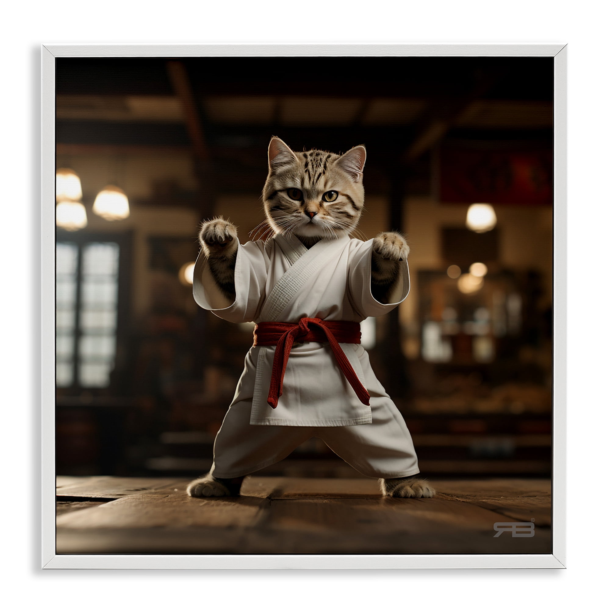 Stupell Industries Martial Arts Cat Novelty Painting White Framed Art Print Wall Art, 24 x 24