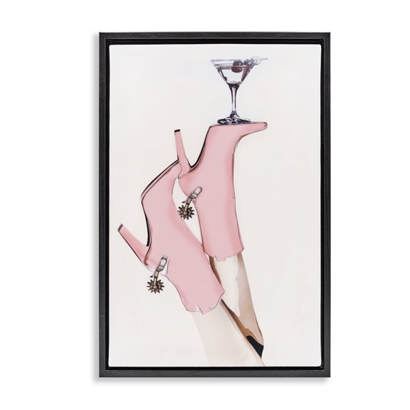 Stupell Industries Martini Lunch Heels Fashion Painting Black Floater Framed Canvas Art Print Wall Art, 17 x 25
