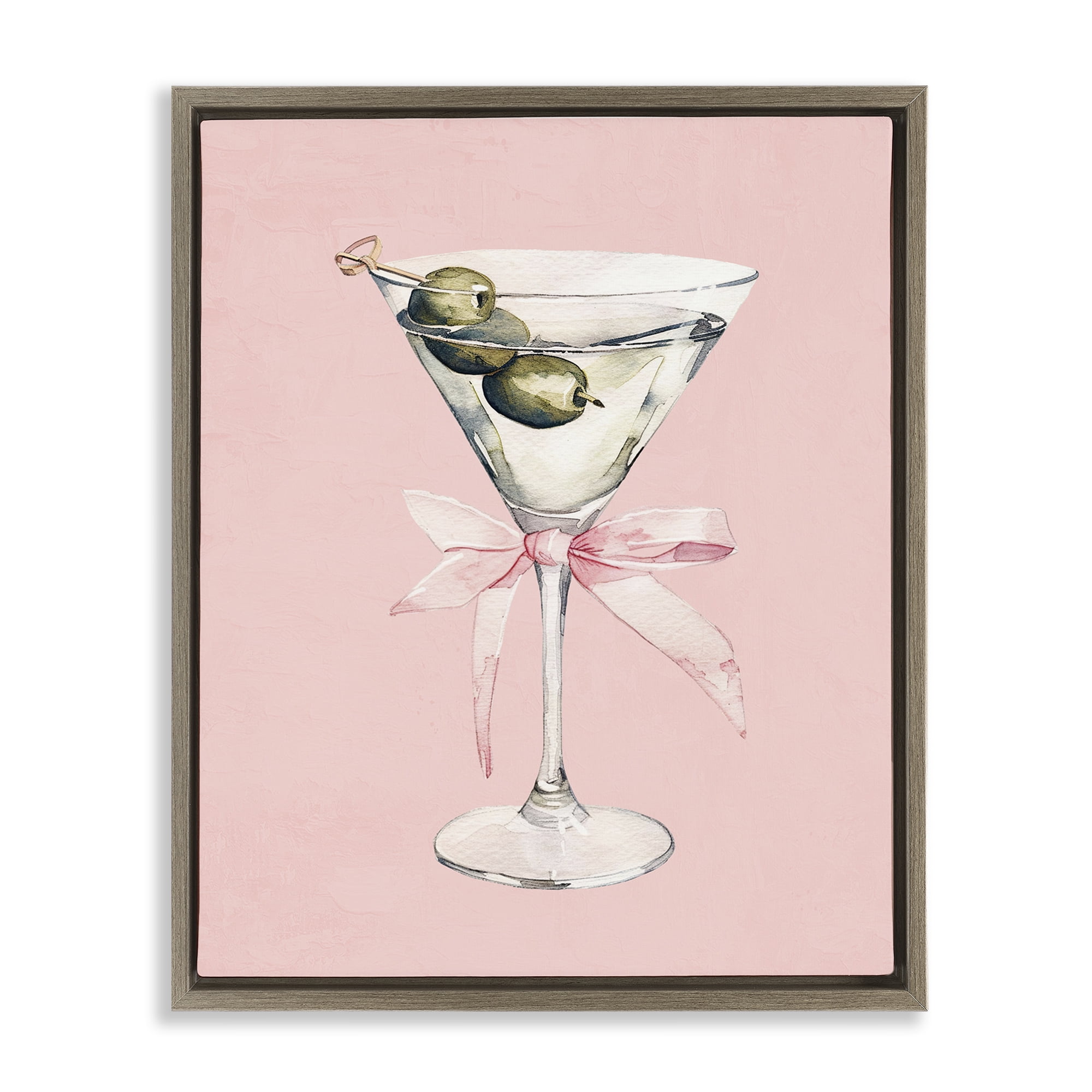 Stupell Industries Martini with Pink Bow Brown Framed Floater Canvas Wall Art, design by Kim Allen