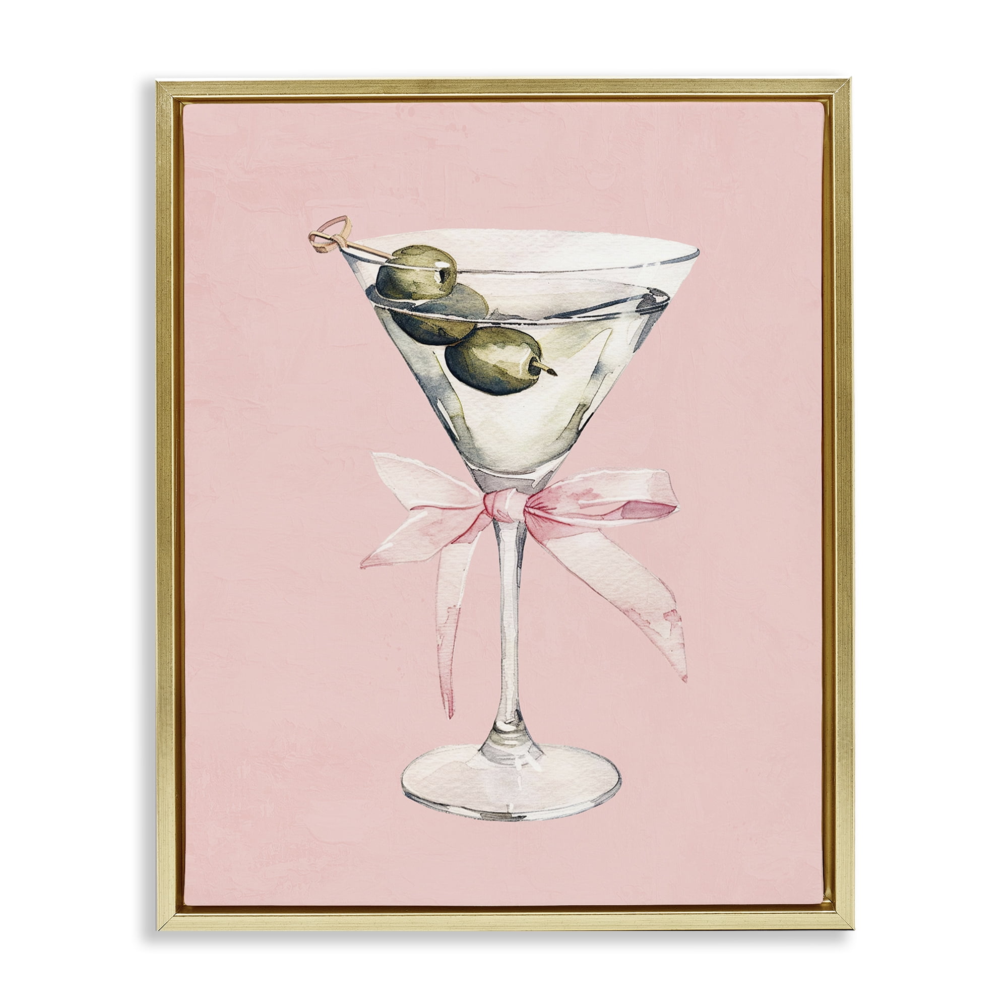 Stupell Industries Martini with Pink Bow Gold Framed Floater Canvas Wall Art, design by Kim Allen