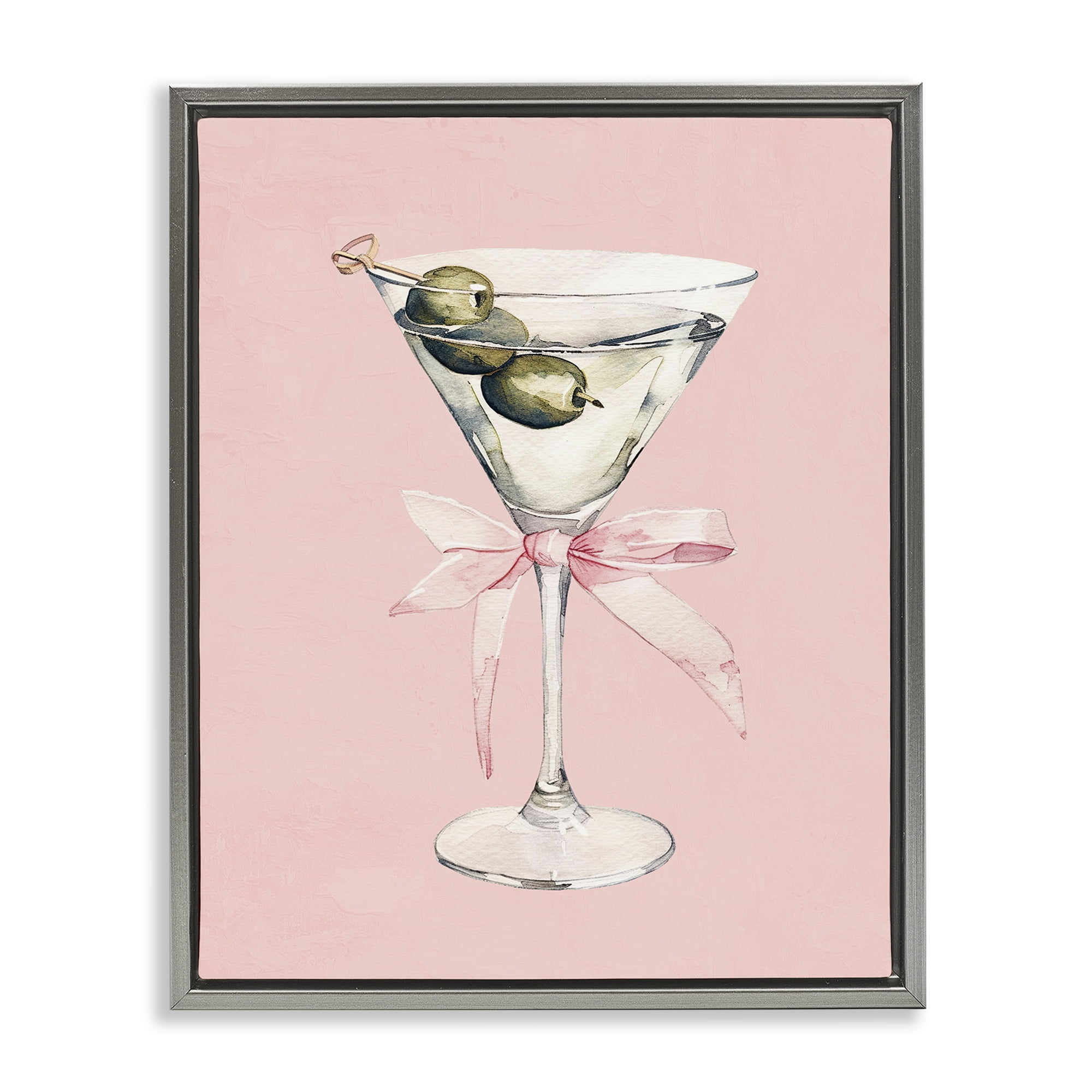 Stupell Industries Martini with Pink Bow Gray Framed Floater Canvas Wall Art, design by Kim Allen