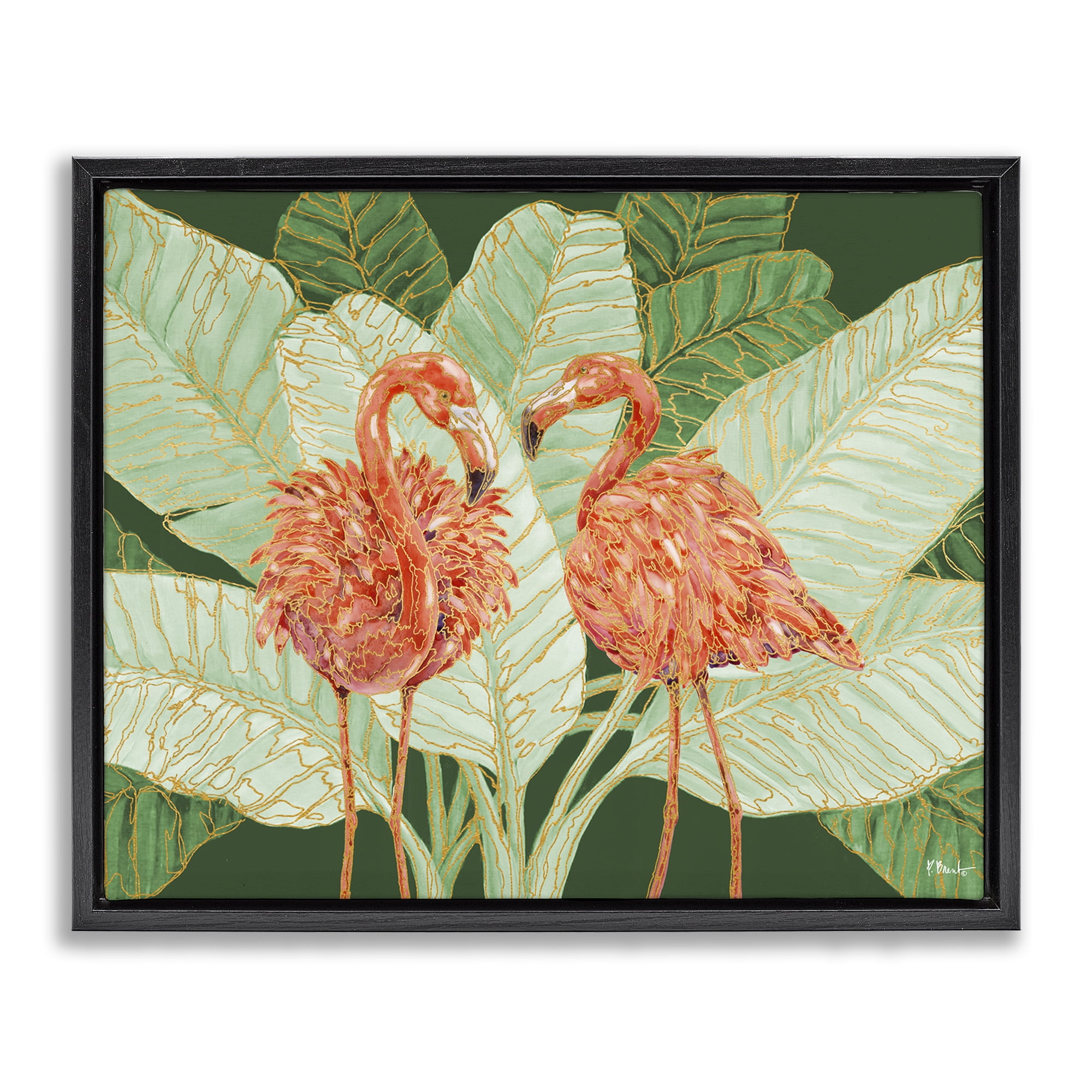 Stupell Industries Martinique Flamingos & Leaves Animals & Insects Painting Black Floater Framed Canvas Art Print Wall Art, 31 x 25