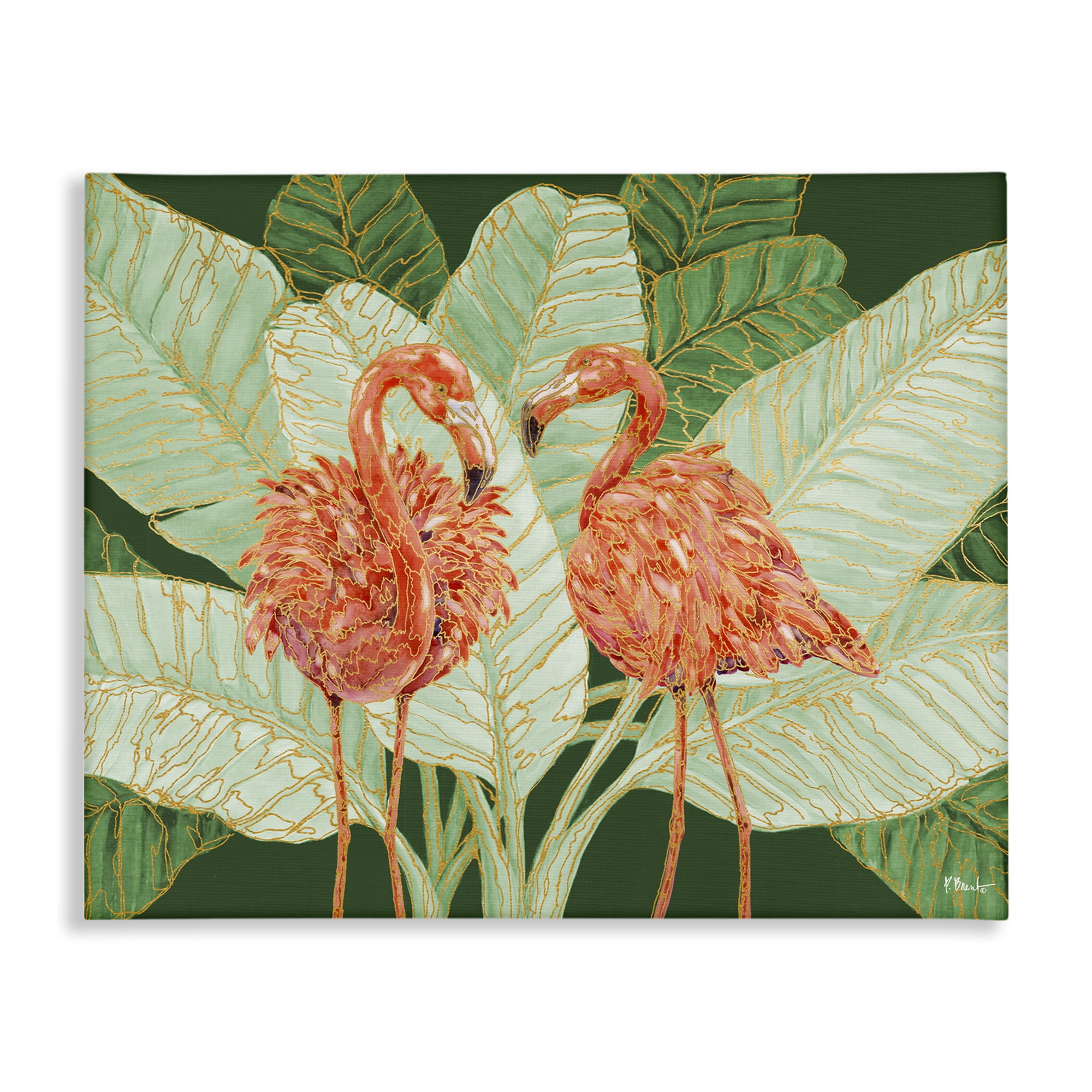 Martinique Flamingos Green Leaves Canvas Wall Art, 20 x 16