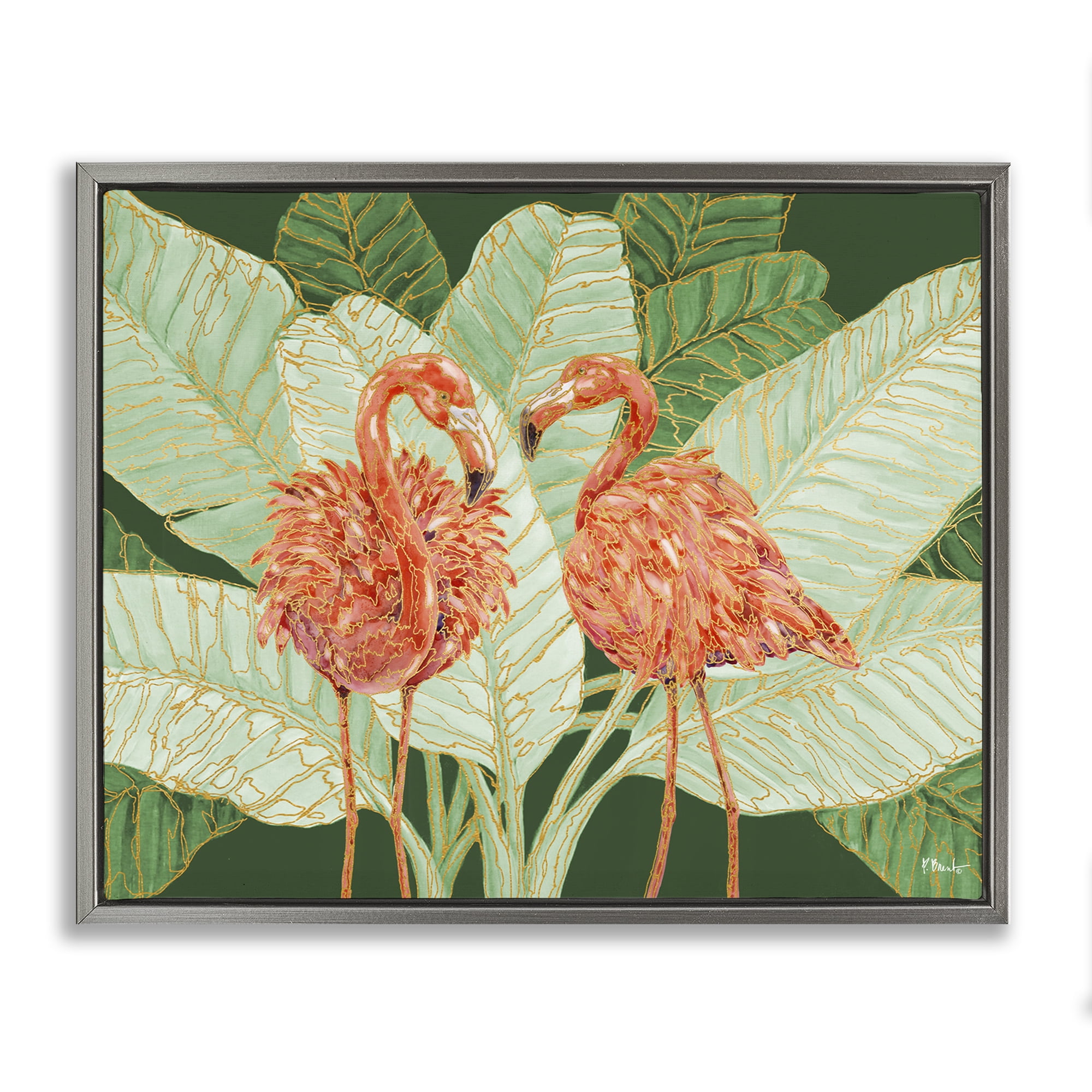 Stupell Industries Martinique Flamingos & Leaves Animals & Insects Painting Gray Floater Framed Canvas Art Print Wall Art, 21 x 17