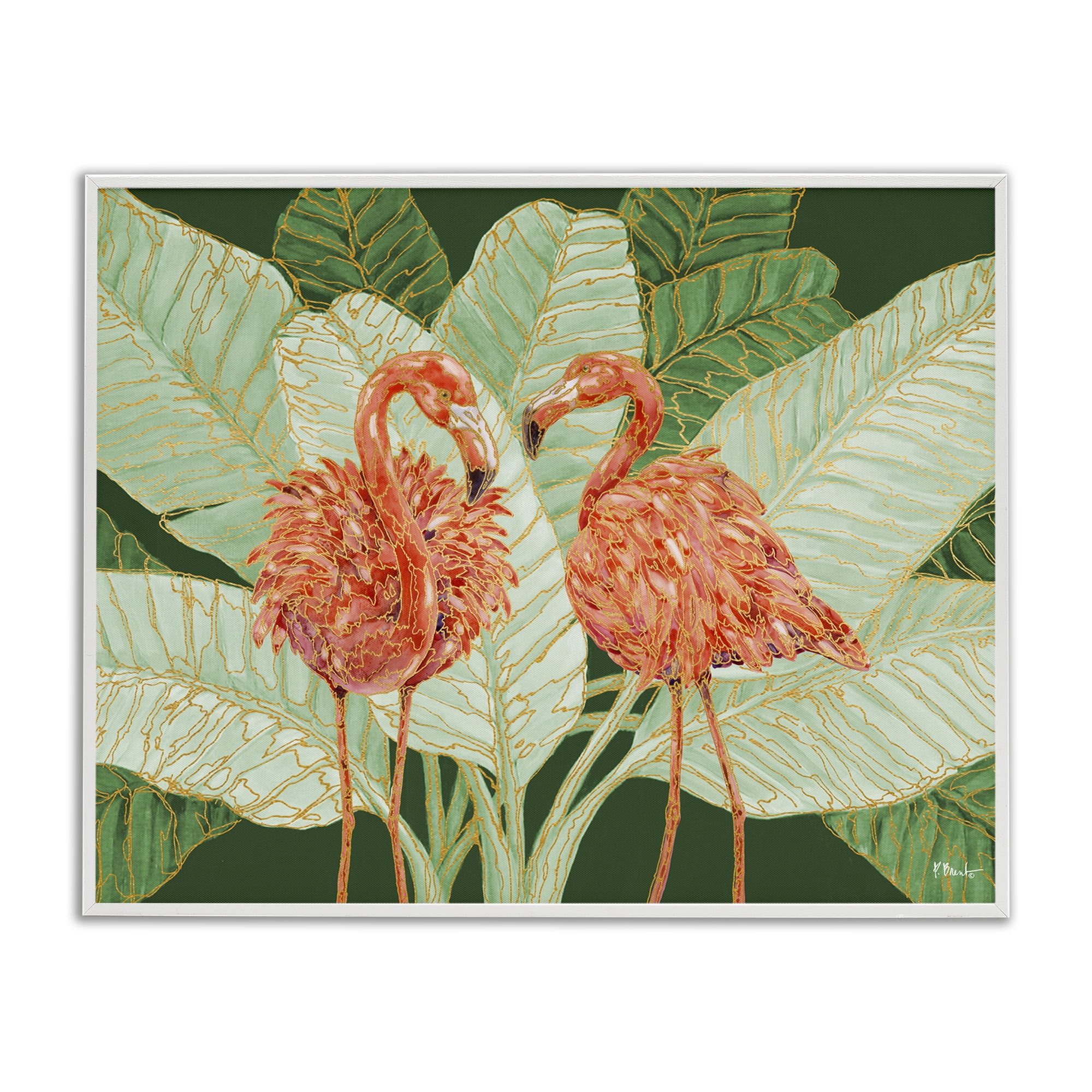 Stupell Industries Martinique Flamingos & Leaves Animals & Insects Painting White Framed Art Print Wall Art, 20 x 16
