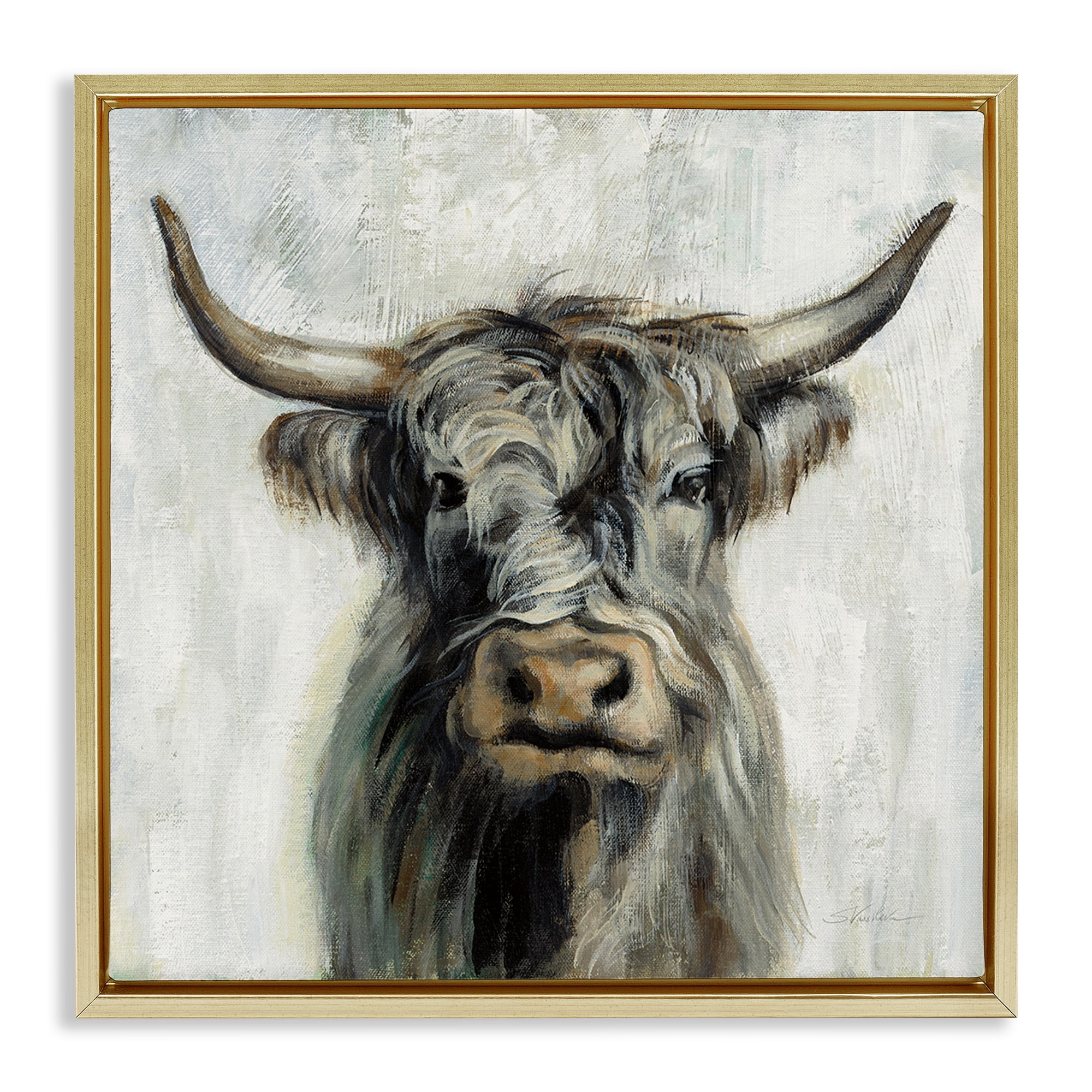 Stupell Industries Masculine Bull Portrait Cottage Animals & Insects Painting Gold Floater Framed Canvas Art Print Wall Art, 18 x 18