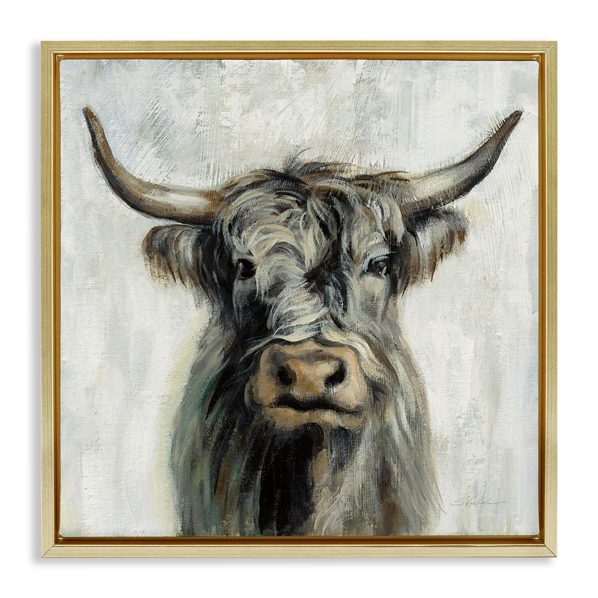 Stupell Industries Masculine Bull Portrait Cottage Animals & Insects Painting Gold Floater Framed Canvas Art Print Wall Art, 25 x 25