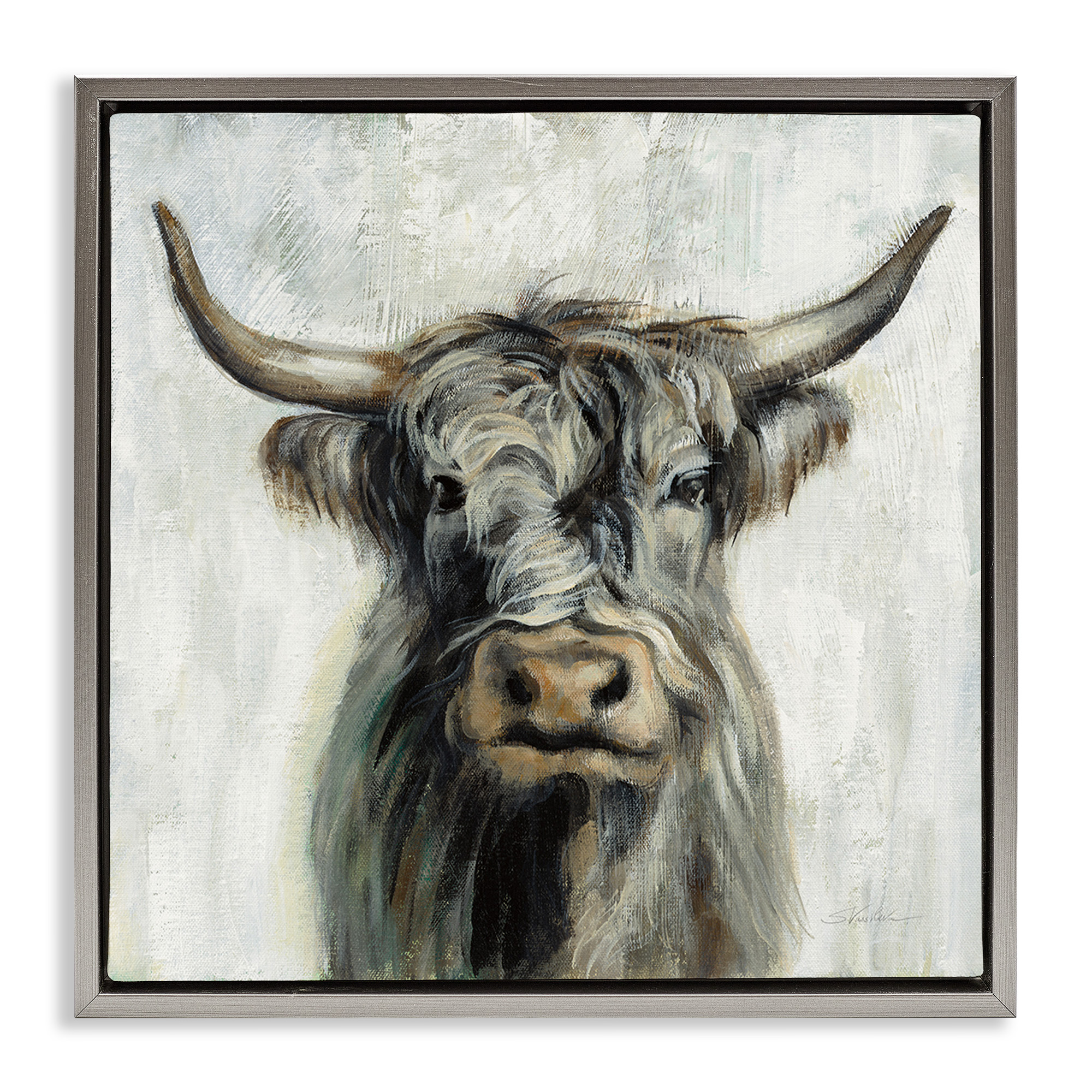 Stupell Industries Masculine Bull Portrait Cottage Animals & Insects Painting Gray Floater Framed Canvas Art Print Wall Art, 18 x 18