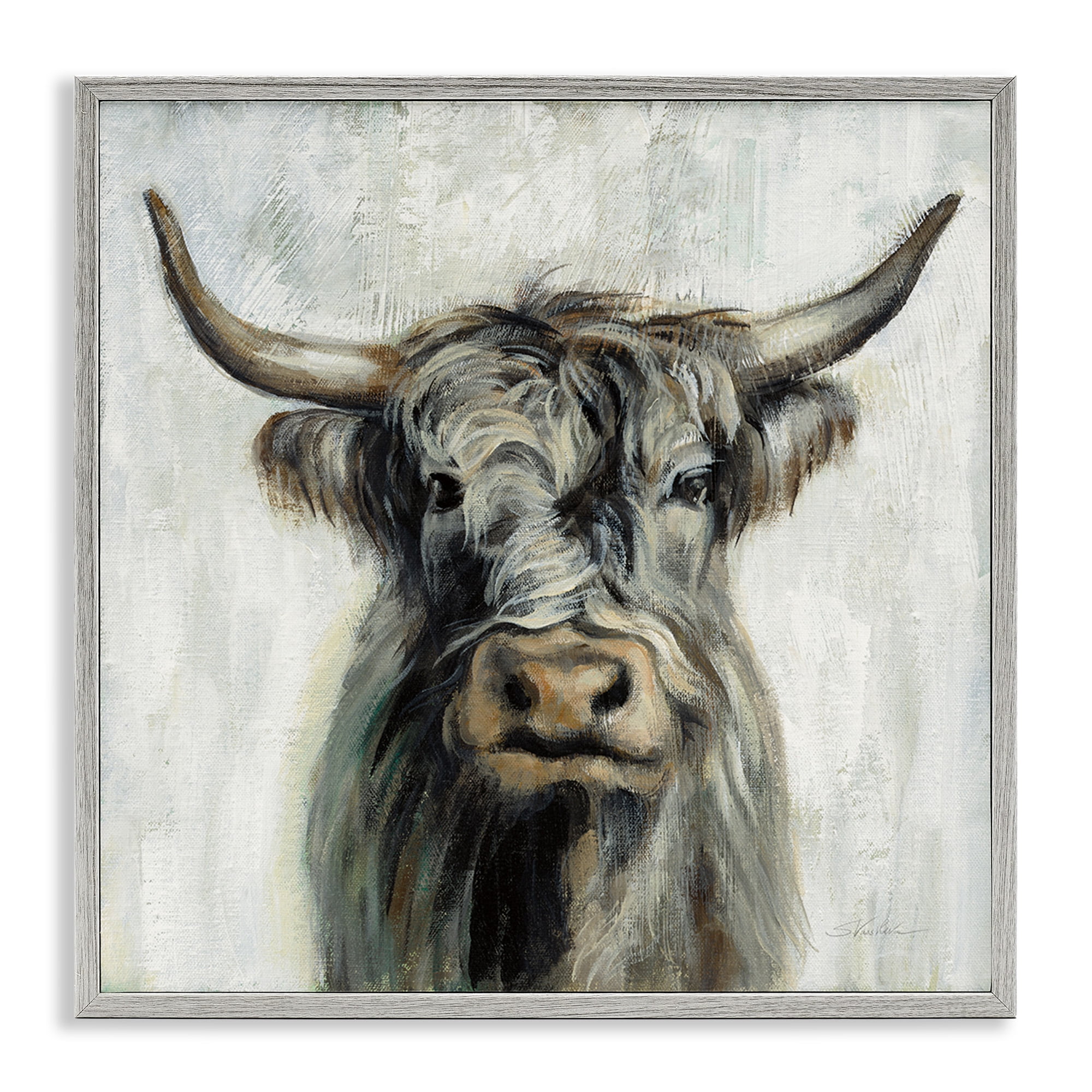Stupell Industries Masculine Bull Portrait Cottage Animals & Insects Painting Gray Framed Art Print Wall Art, 17 x 17