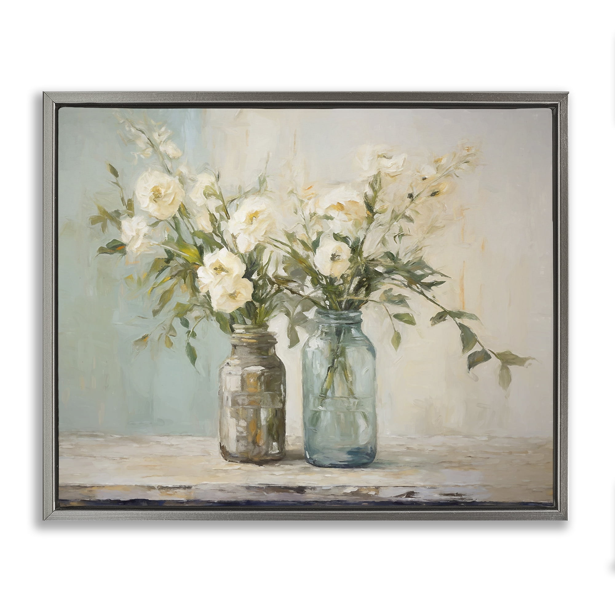 Stupell Industries Mason Jar Bouquet Botanical & Floral Painting Gray Floater Framed Art Print Wall Art, 21 x 17