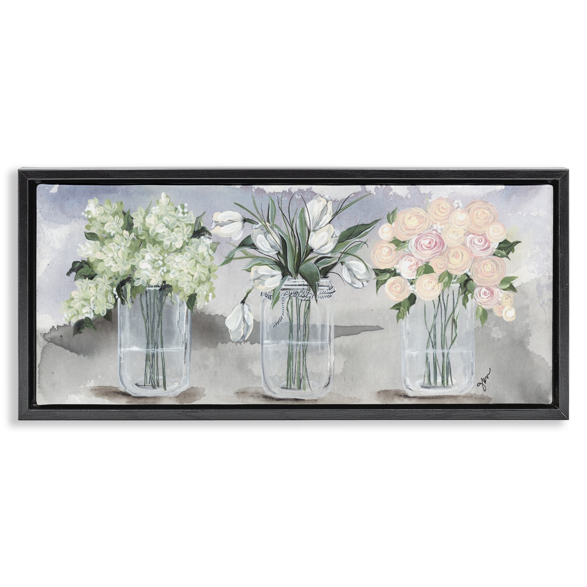 Stupell Industries Mason Jar Flower Watercolor Black Framed Floater Canvas Wall Art, design by Julie Norkus