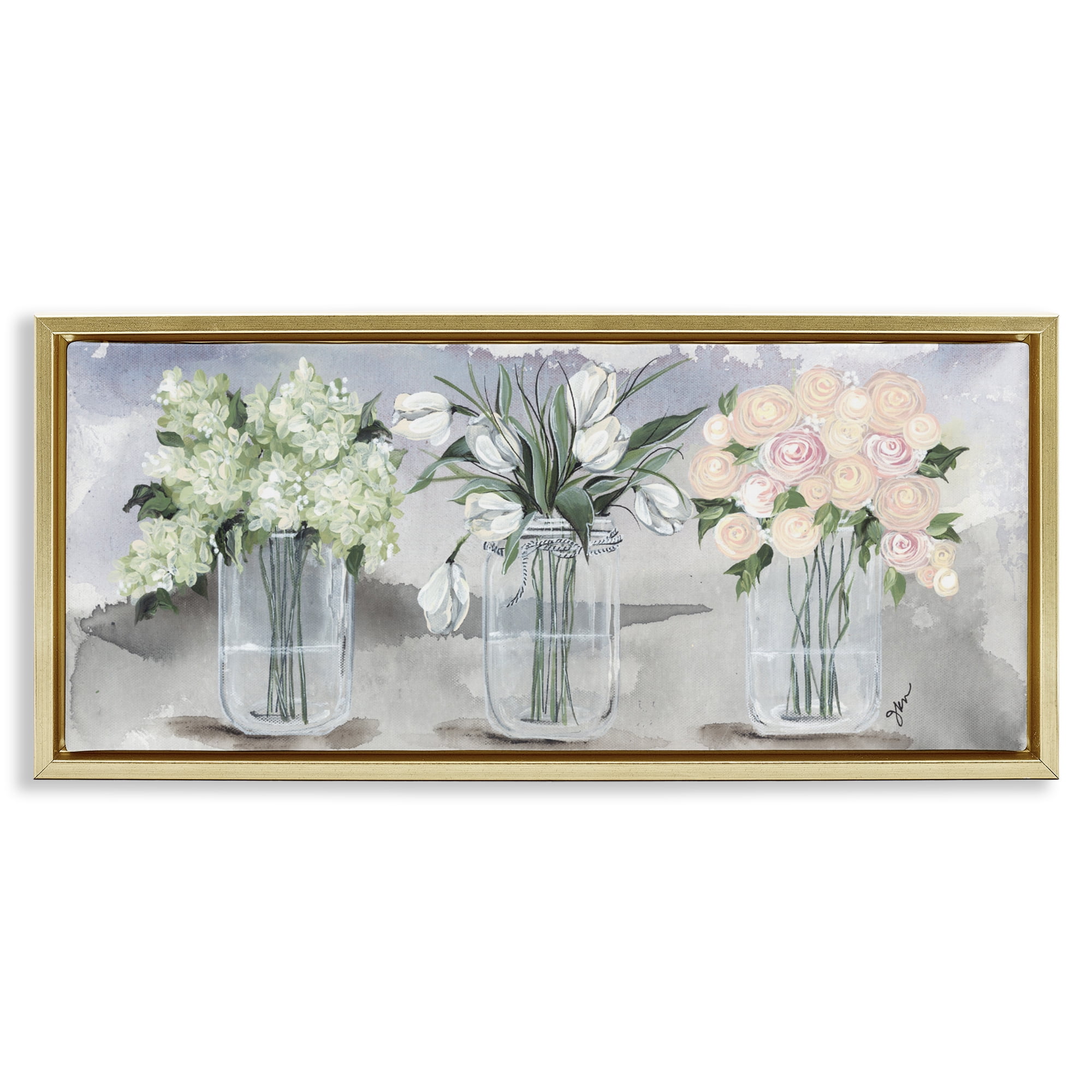 Stupell Industries Mason Jar Flower Watercolor Gold Framed Floater Canvas Wall Art, design by Julie Norkus