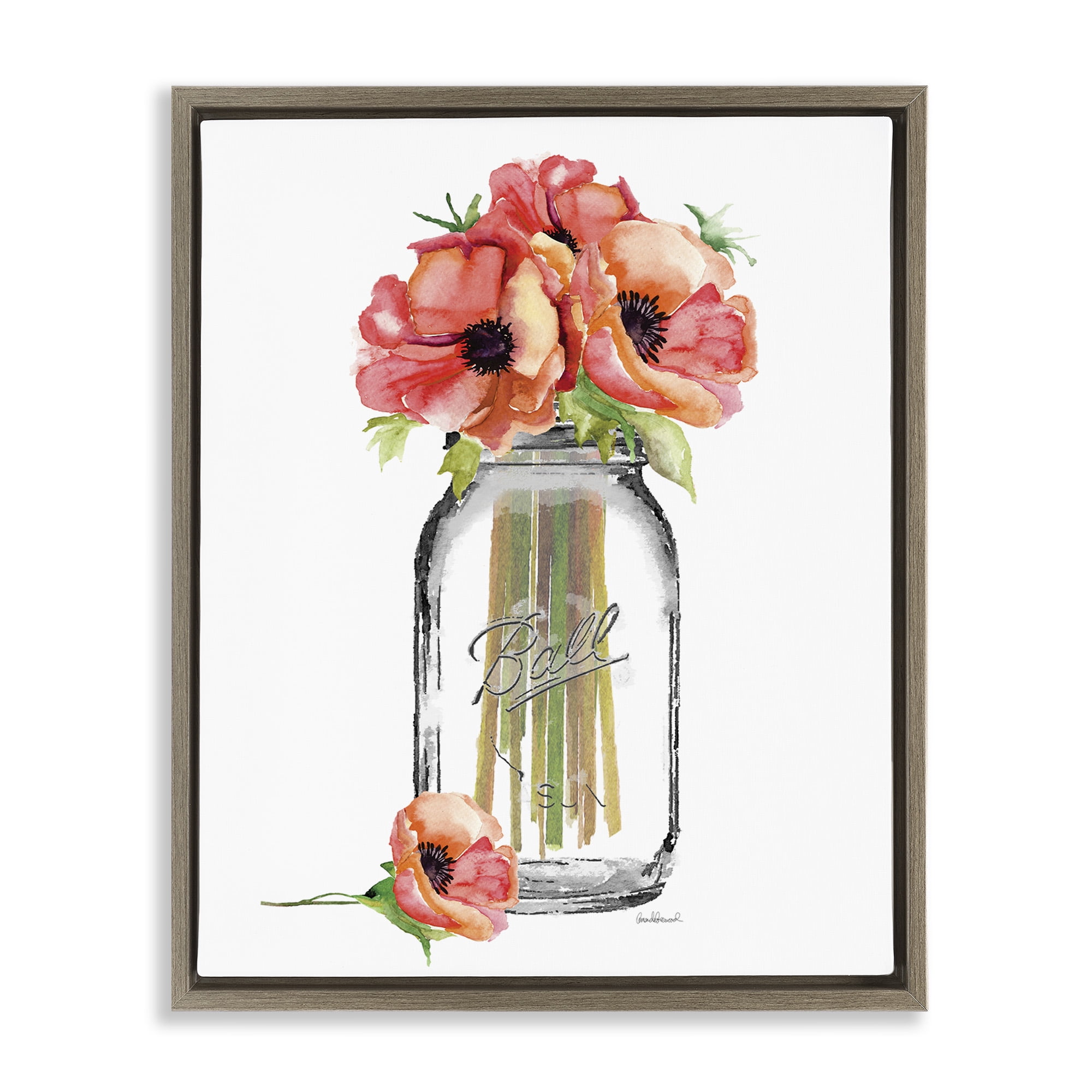 Stupell Industries Mason Jar Poppies Botanical & Floral Painting Brown Floater Framed Canvas Art Print Wall Art, 25 x 31