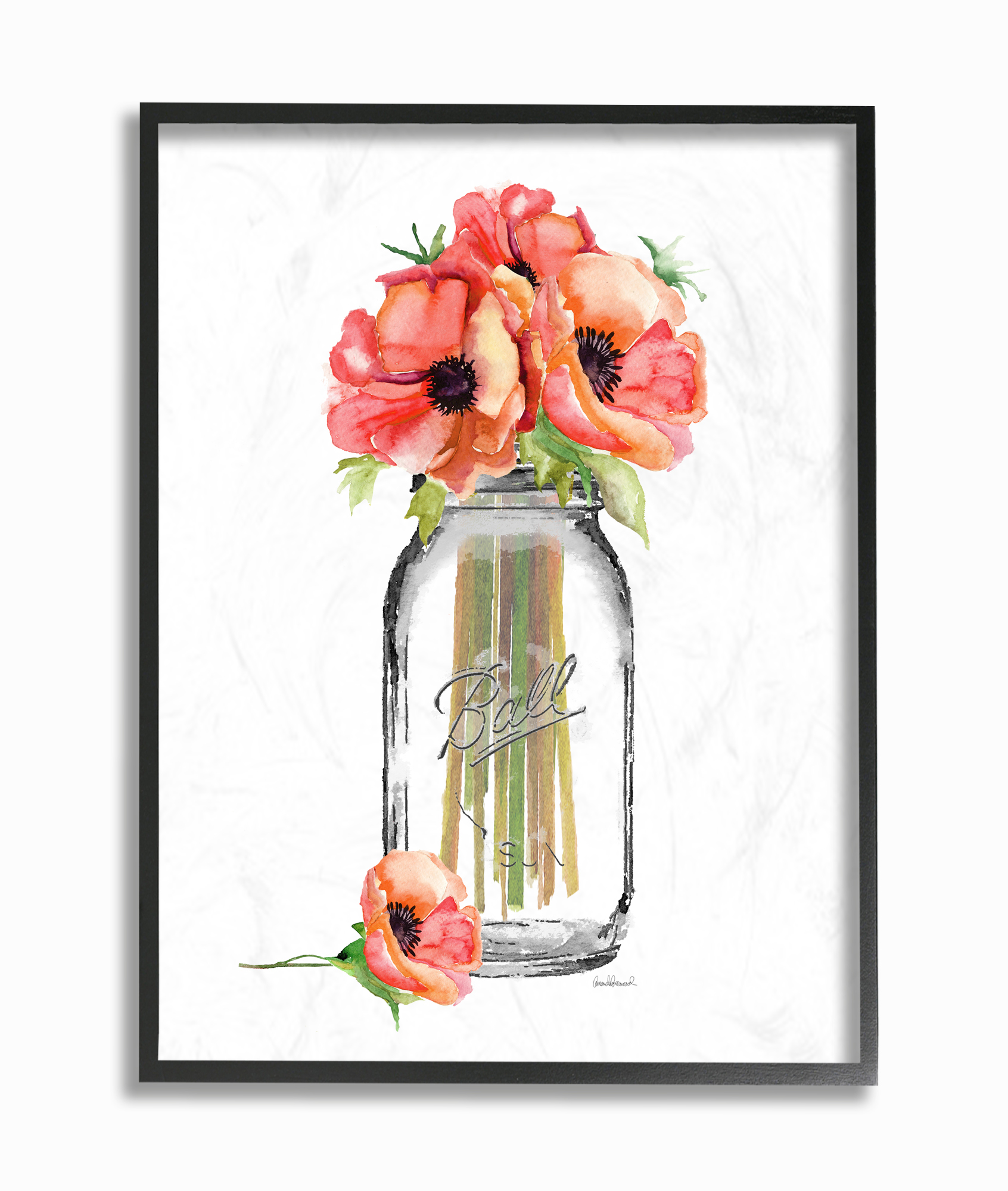 Stupell Industries Mason Jar Poppys Graphic Art Black Framed Art Print Wall Art, 24x30, by Amanda Greenwood
