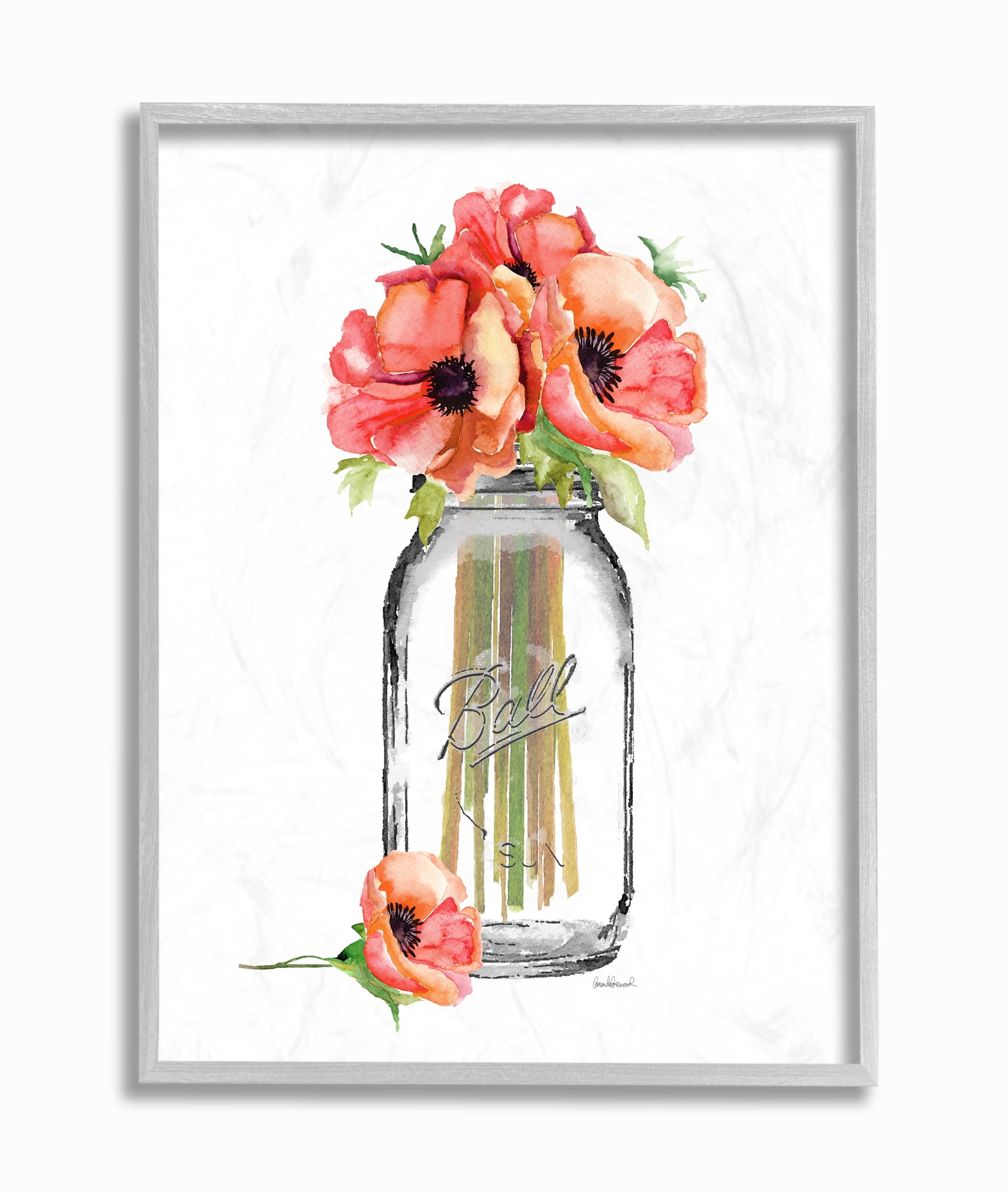 Stupell Industries Mason Jar Poppys Graphic Art Gray Framed Art Print Wall Art, 16x20, by Amanda Greenwood