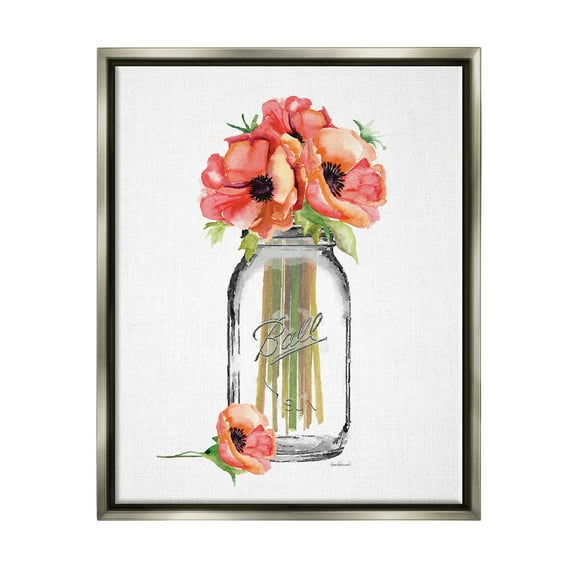 Stupell Industries Mason Jar Poppys Luster Gray Framed Floating Canvas Wall Art, 16x20, by Amanda Greenwood