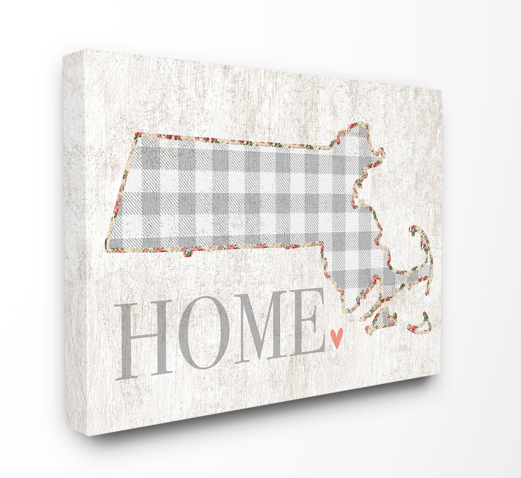 Stupell Industries Massachusetts Grey Gingham and Floral Heart and Home Town & City Painting Gallery Wrapped Canvas Art Print Wall Art, 30 x 40