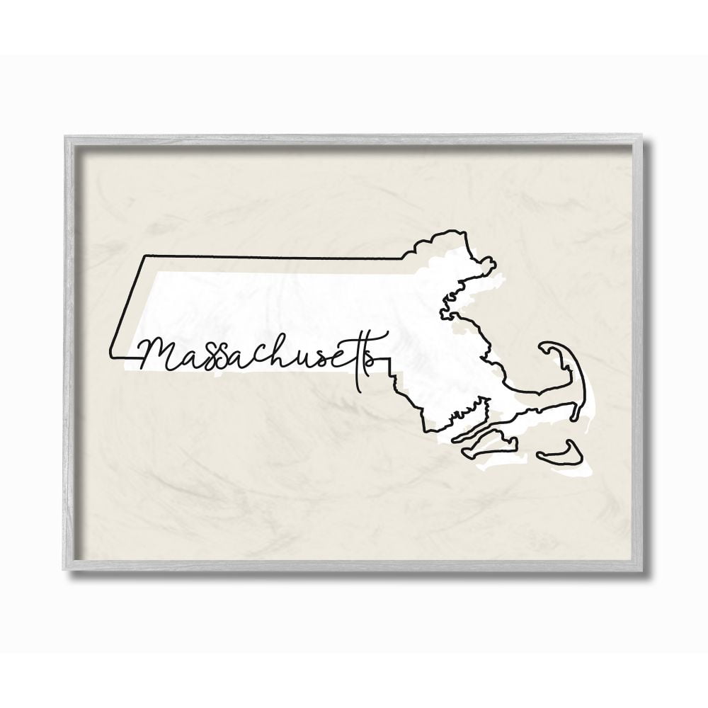 Stupell Industries Massachusetts Home State Map Neutral Print Design Gray Farmhouse Rustic Framed Giclee Texturized Art by Daphne Polselli