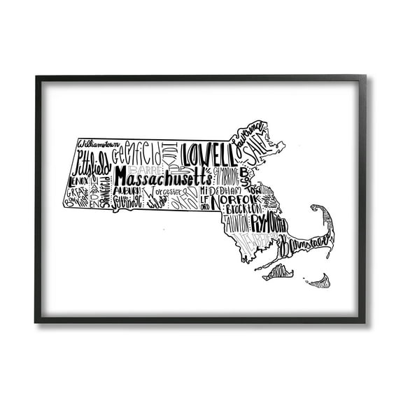 Stupell Industries Massachusetts State Cities Typography Graphic Art Black Framed Art Print Wall Art, Design by The Saturday Evening Post