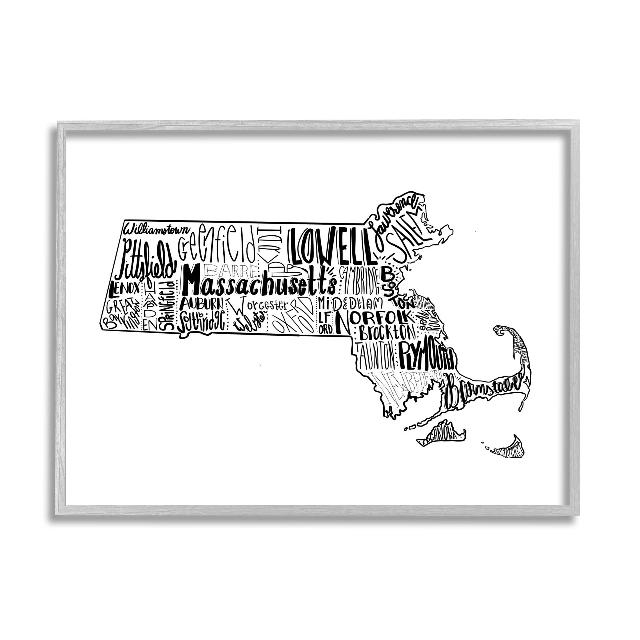 Stupell Industries Massachusetts State Cities Typography Graphic Art Gray Framed Art Print Wall Art, Design by The Saturday Evening Post