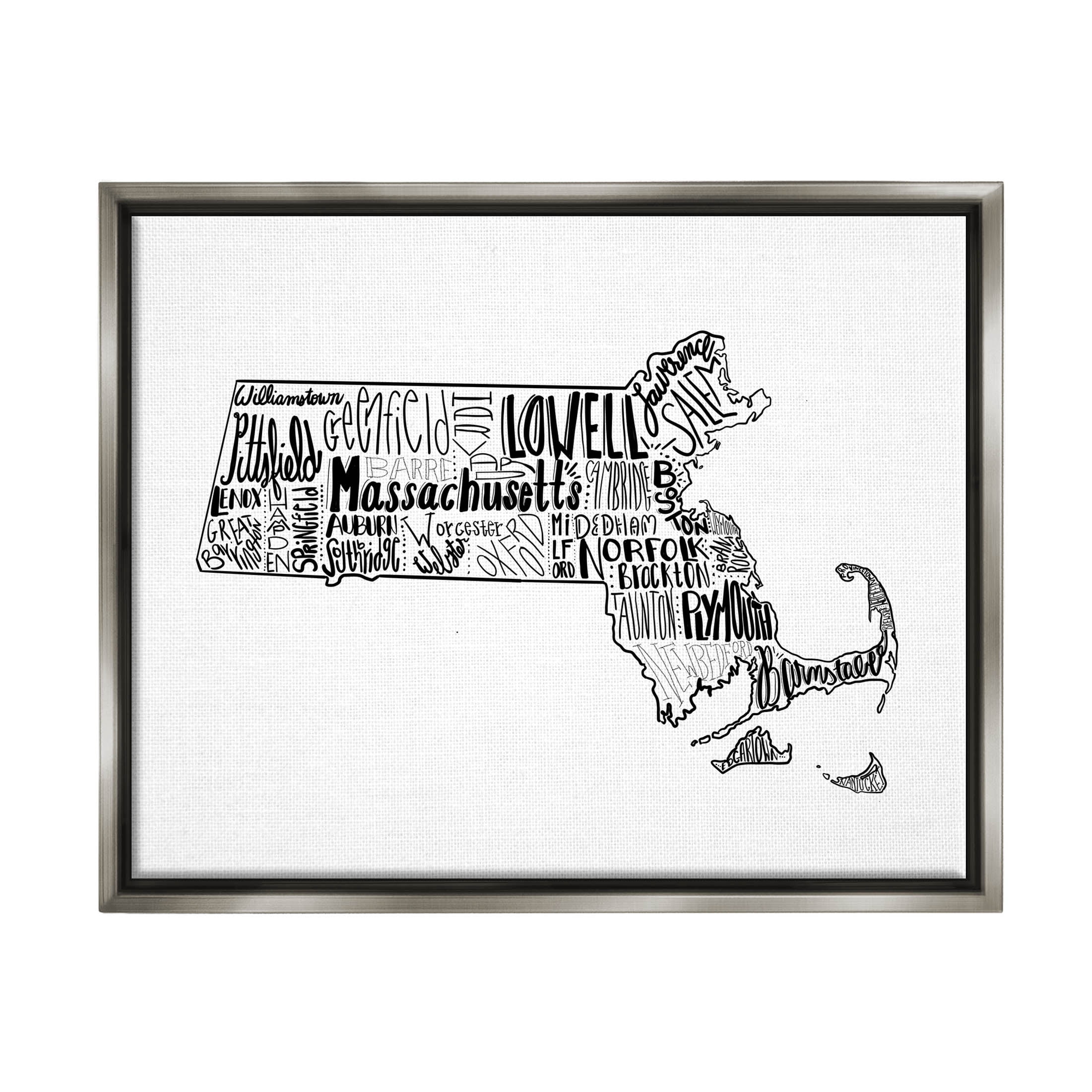 Stupell Industries Massachusetts State Cities Typography Graphic Art Luster Gray Floating Framed Canvas Print Wall Art, Design by The Saturday Evening Post
