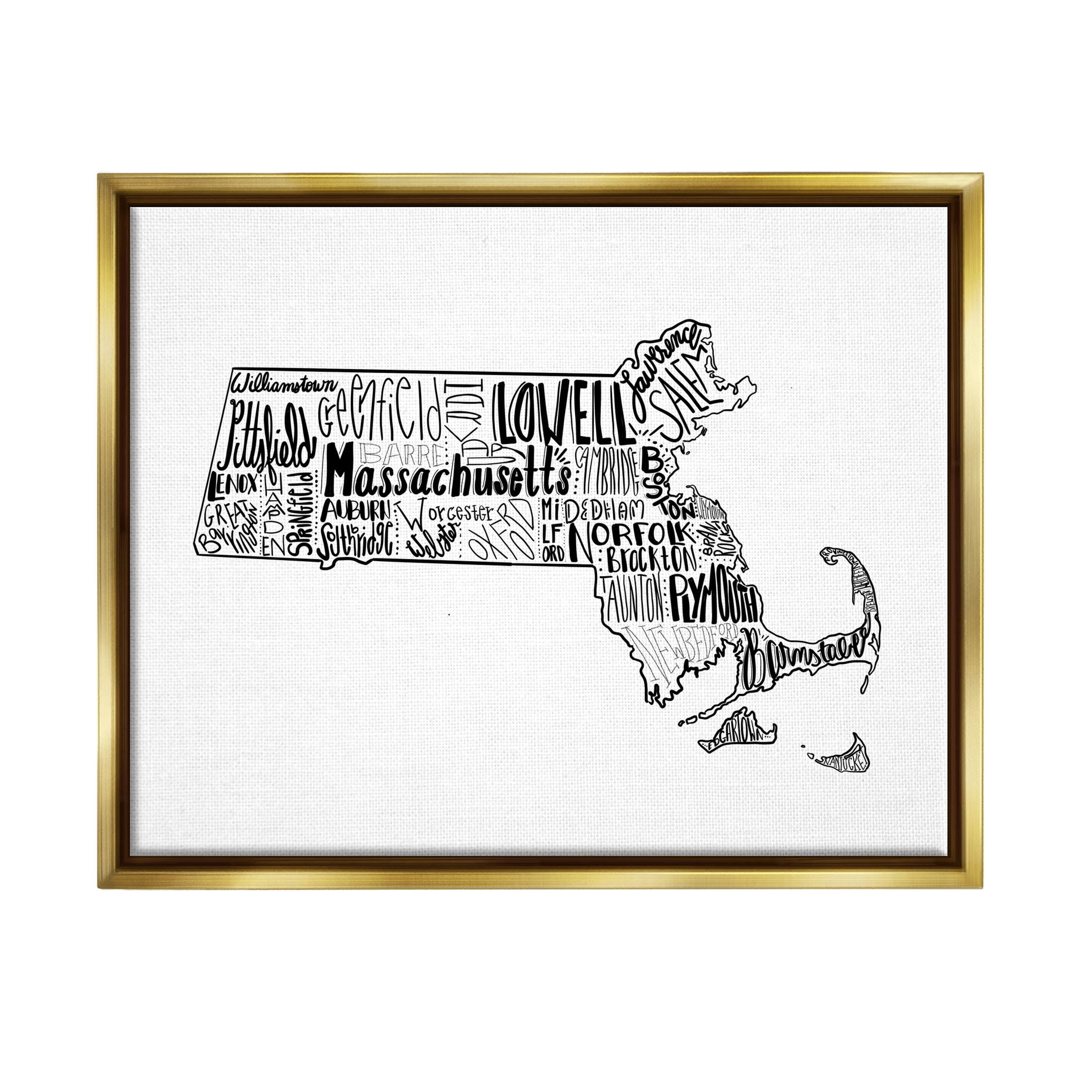 Stupell Industries Massachusetts State Cities Typography Graphic Art Metallic Gold Floating Framed Canvas Print Wall Art, Design by The Saturday Evening Post