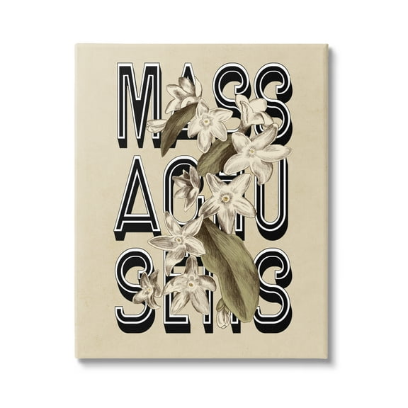 Stupell Industries Massachusetts State Mayflower Blossoms Intertwining Typography Graphic Art Gallery Wrapped Canvas Print Wall Art, Design by Daphne Polselli